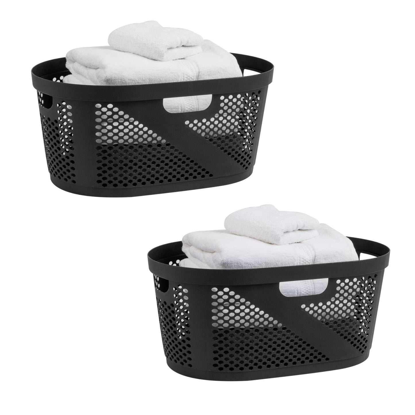 Mind Reader 40L Ventilated Laundry Baskets, Lightweight Clothes Hamper with Cutout Handles for Bathrooms and Closets, Plastic, Set of 2, Black