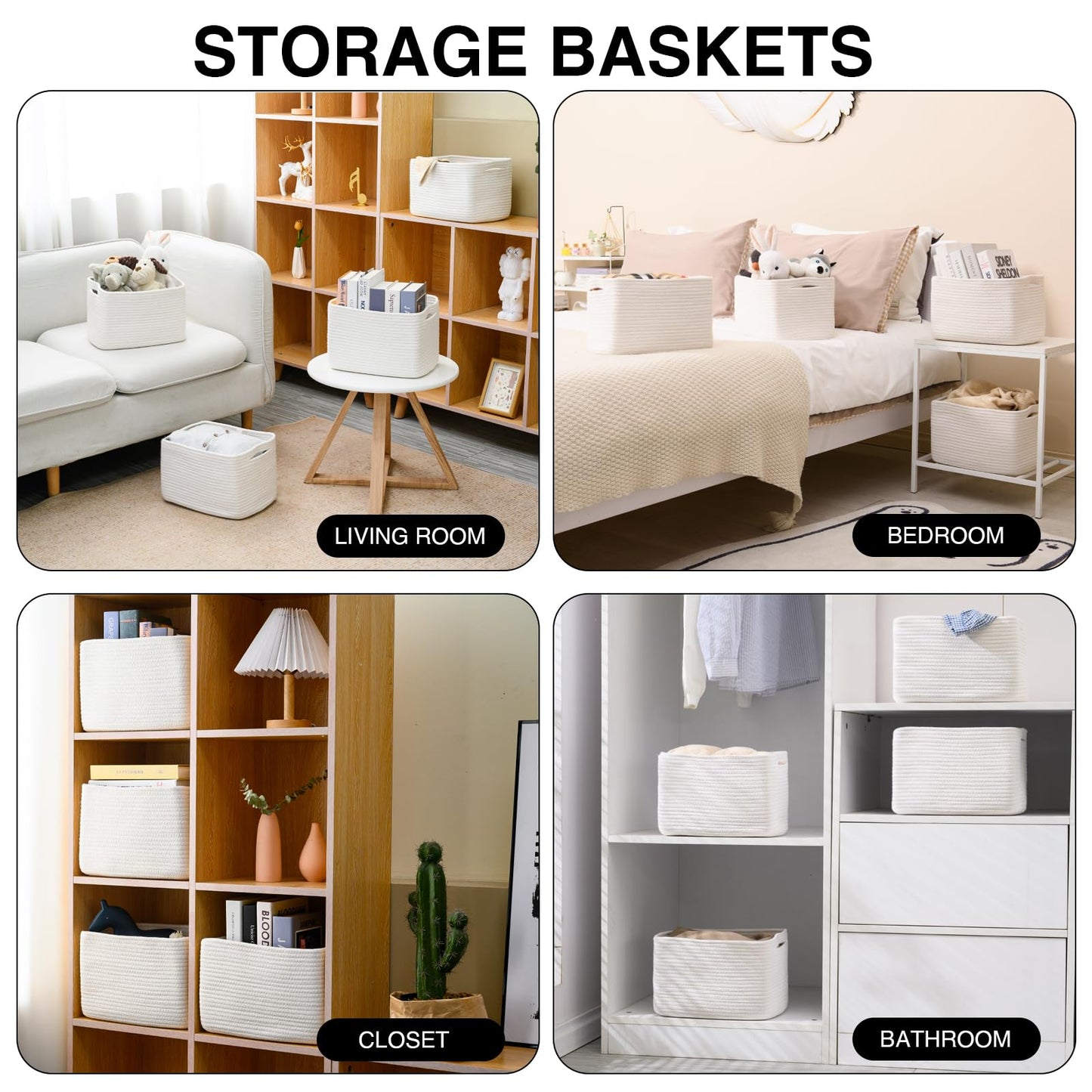 ICERZCZ Storage Baskets for Organizing, Woven Basket for Storage, Storage Baskets Bin for Shelves, Cotton Rope Basket with Handles, 12.5"Lx9.1"Wx7.9"H, (4 Packs) Off White
