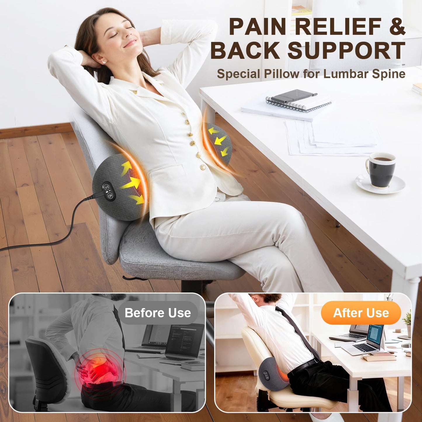 3-in-1 Electric Lumbar Support Pillow,Triple Fusion Back Massager with Heat,Vibration&Traction,Back Support Pillow for Bed and Chair,Lumbar Support Pillow for Lower Back Pain Relief&Spine Support-Gray