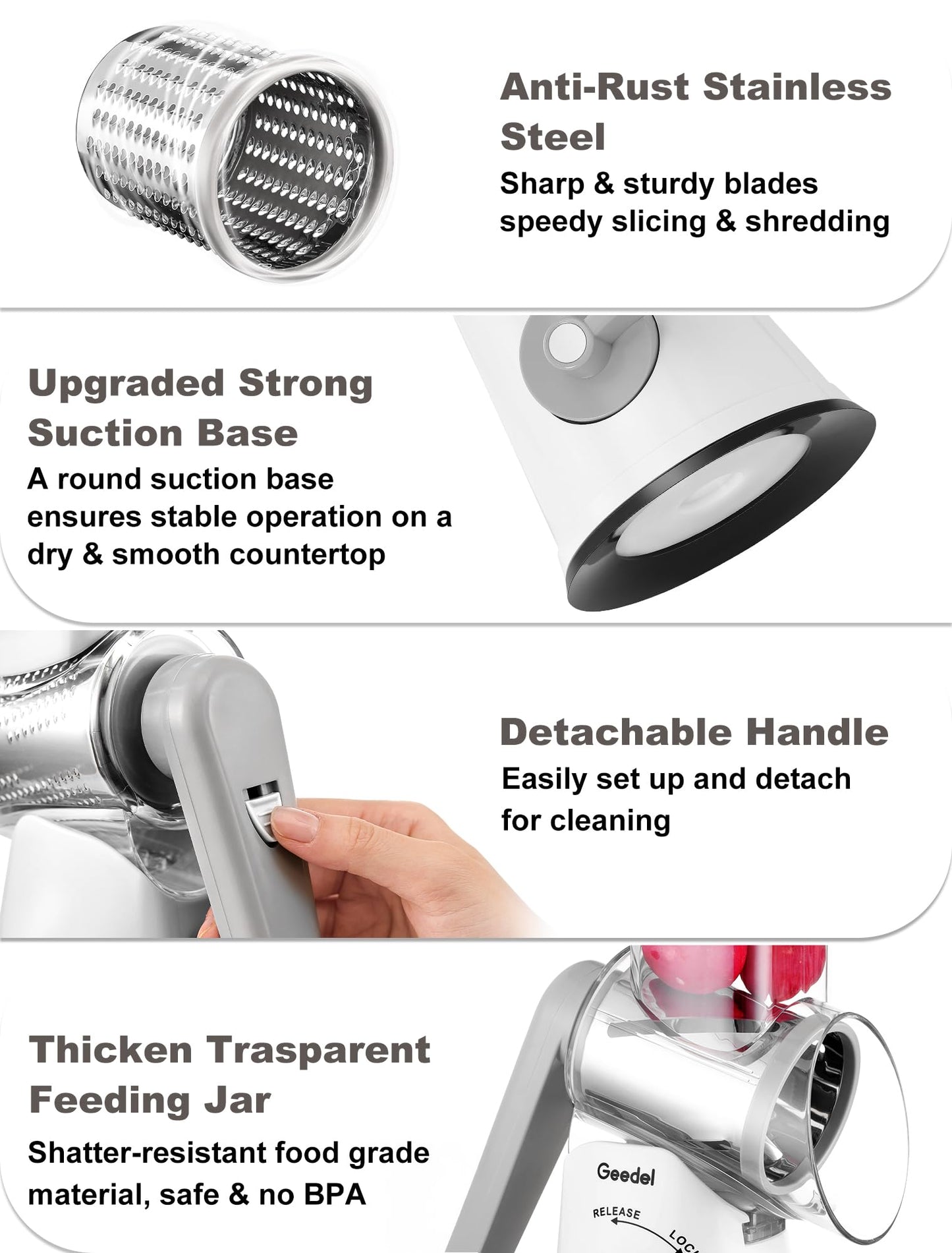 Geedel Rotary Cheese Grater Vegetable Shredder With 6 Interchangeable Blades No Slip Suction Base, Mandoline Slicer & Food Chopper for Cheese, Ice, Nuts, Vegetables, Veggie
