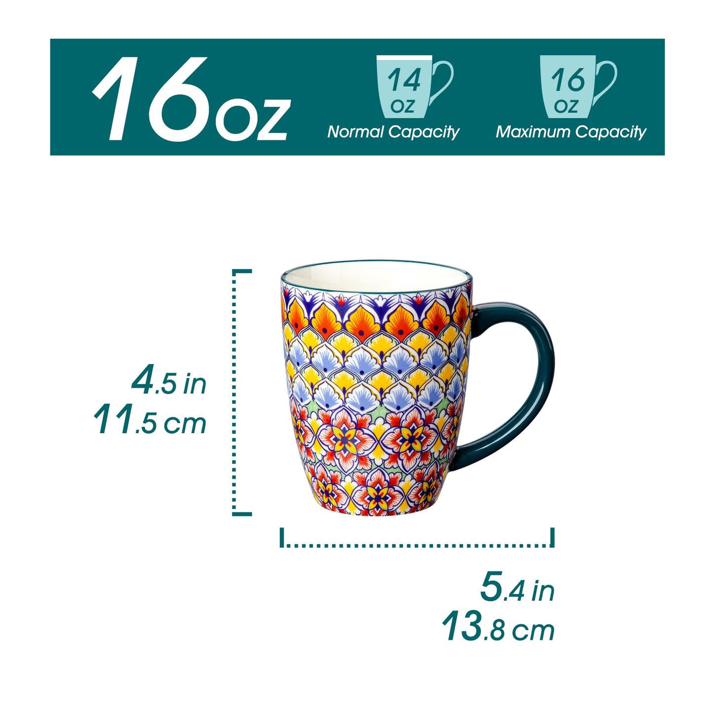 vancasso SIMI 16 oz Large Coffee Mugs Set of 6 – Bohemian Ceramic Cups with Handle, Perfect for Latte, Tea, Hot Chocolate, Dishwasher & Microwave Safe Ideal Gift