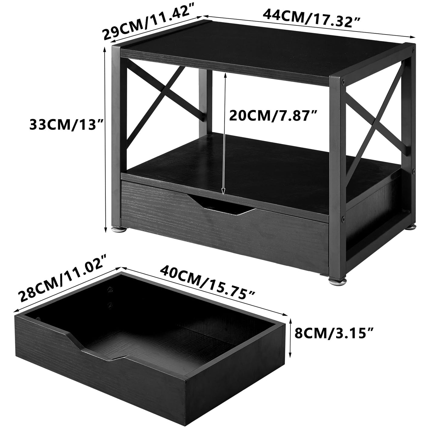 IBUYKE 2 Tier Desktop Printer Stand,Multi-Purpose Desk Organizer,Wooden Printer Stand with Drawer Storage for Folders,Books,for Fax Machine, Scanner,Home Office,Black TLJ006B