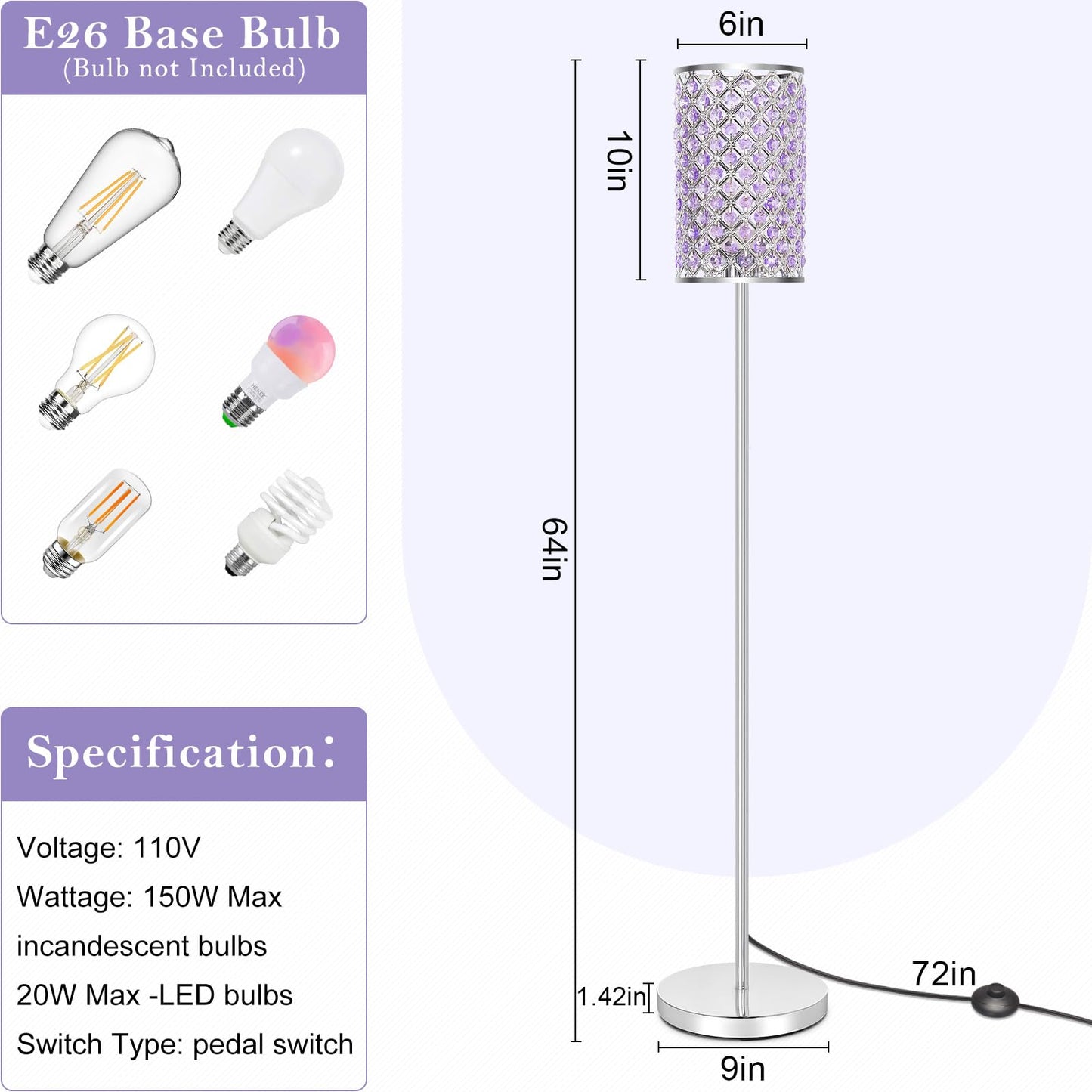 Floor Lamp for Bedroom, Lavender Crystal Floor Lamp with Glam Shade, Elegant Standing Lamp with On/Off Foot Switch & Silver Base, Corner Pole Lamp for Girls Bedroom, Living Room, Office (E26 Base)