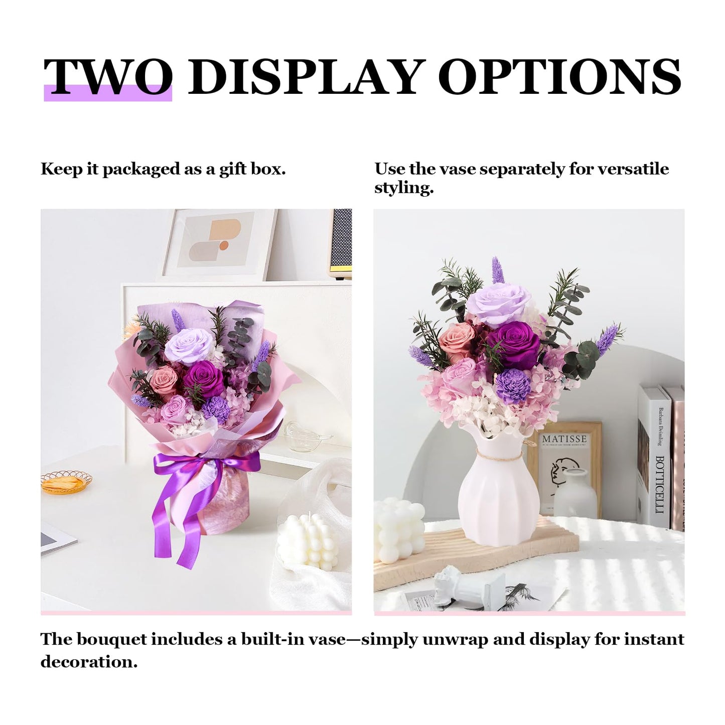 Oerdoh Flowers for Delivery Prime, Preserved Flowers, 5 Forever Purple Roses, Long-Lasting Flower Bouquet with Gift Box, Happy Birthday Flowers Gifts for Women Mom Grandma Wife Friends