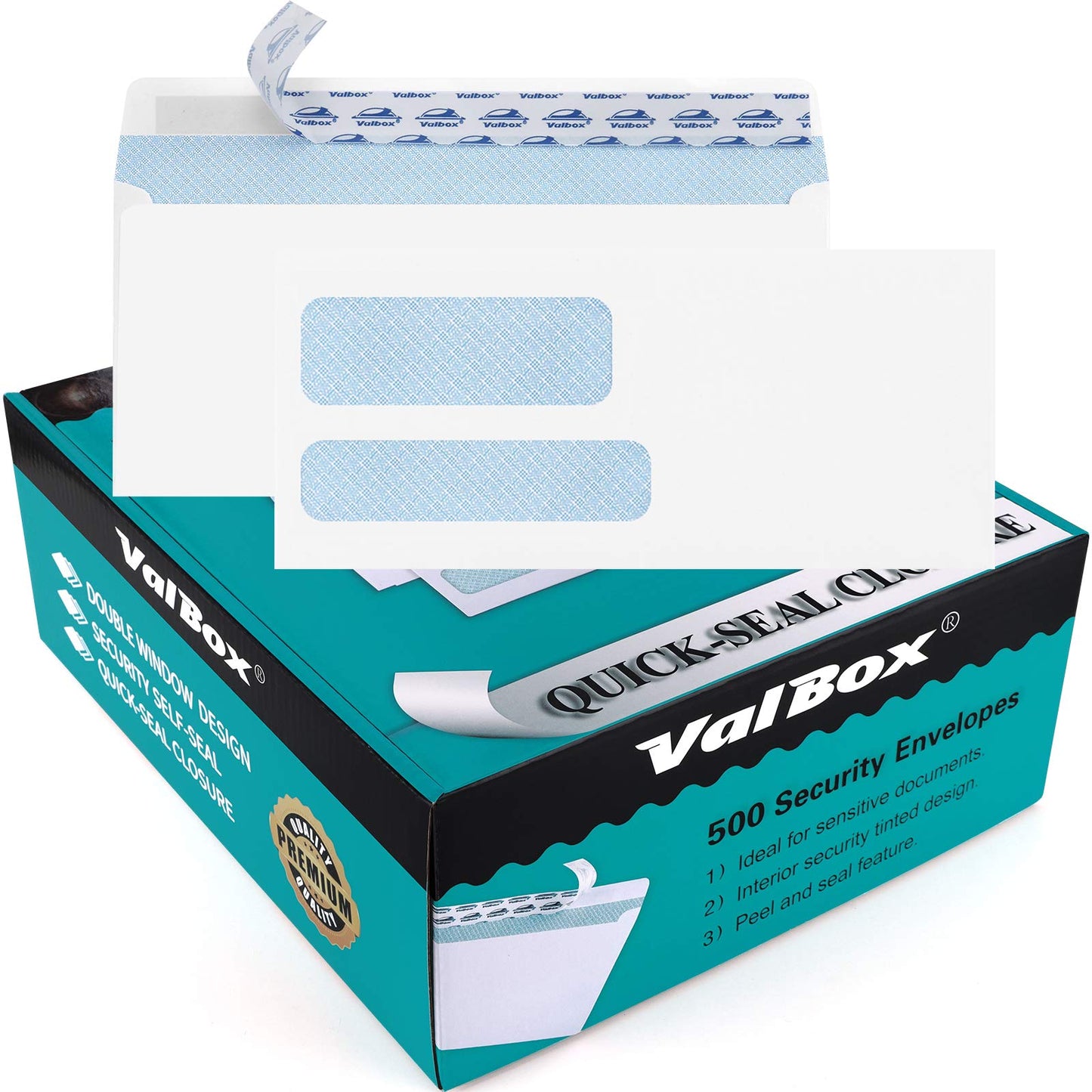 ValBox 500 Count #9 Self Seal Security Envelopes 3-7/8x8-7/8" Double Window Envelopes for QuickBooks Invoices, Business Statements and Legal Documents