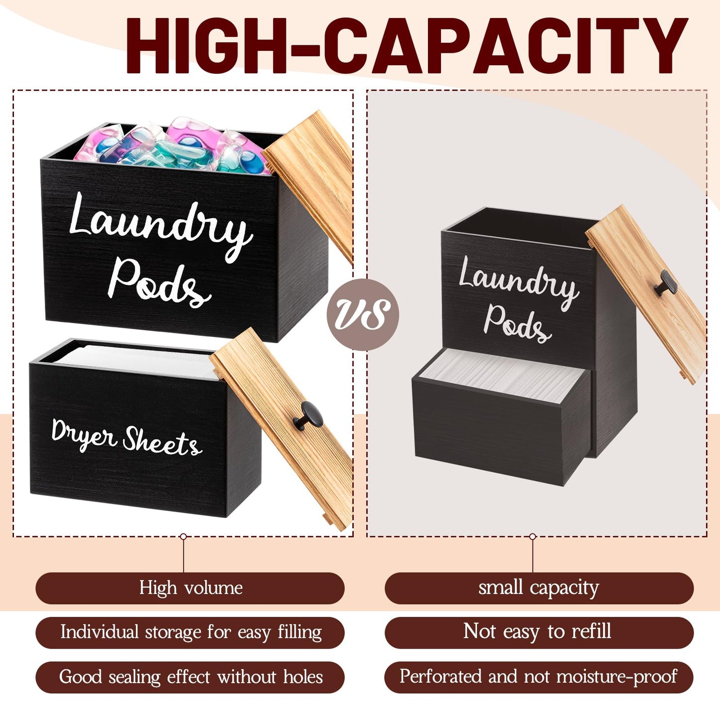 Dandat 4 Pcs Magnetic Laundry Room Organization and Storage Set, Lint Bin with Scoop and Brush Dryer Sheet Holder Laundry Pod Holder Scent Booster Container, Wood Farmhouse Room Container Gift(Black)