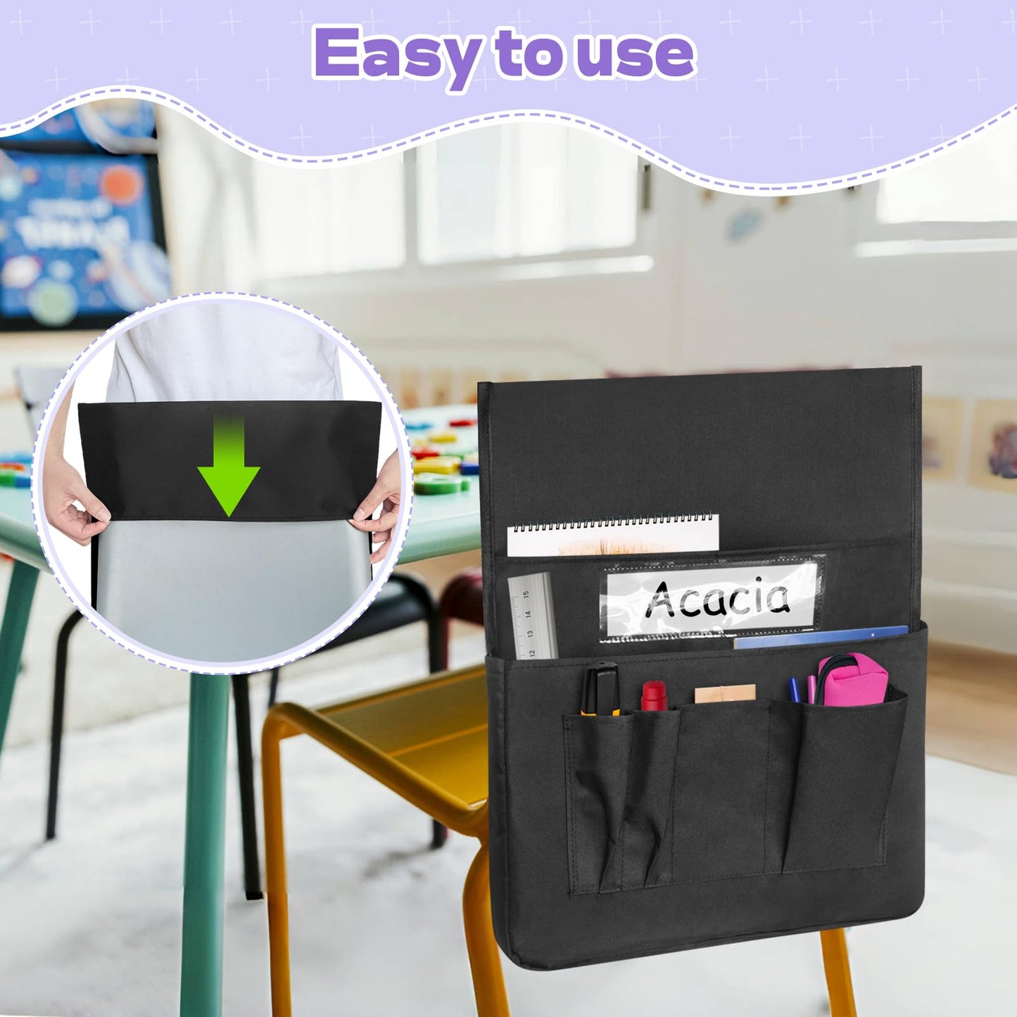 RSUARSUA Chair Pockets for Classroom 12 Pack 15 x 19 Inch Chairback Buddy Pocket Chart Seat Back Organizer Student Storage with Lable Slot for Classroom Kindergarten School Home (Black)