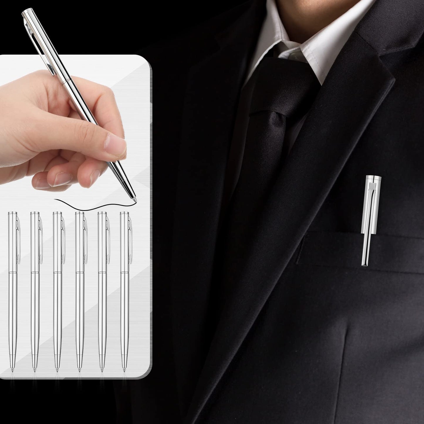 Lincia 100 Pieces Silver Slim Metal Ballpoint Pen 1 mm Medium Black Ink Smooth Writing Silver Retractable Point Metal Pen for Graduation Office Business Students Teachers Wedding Guest(Stylish)
