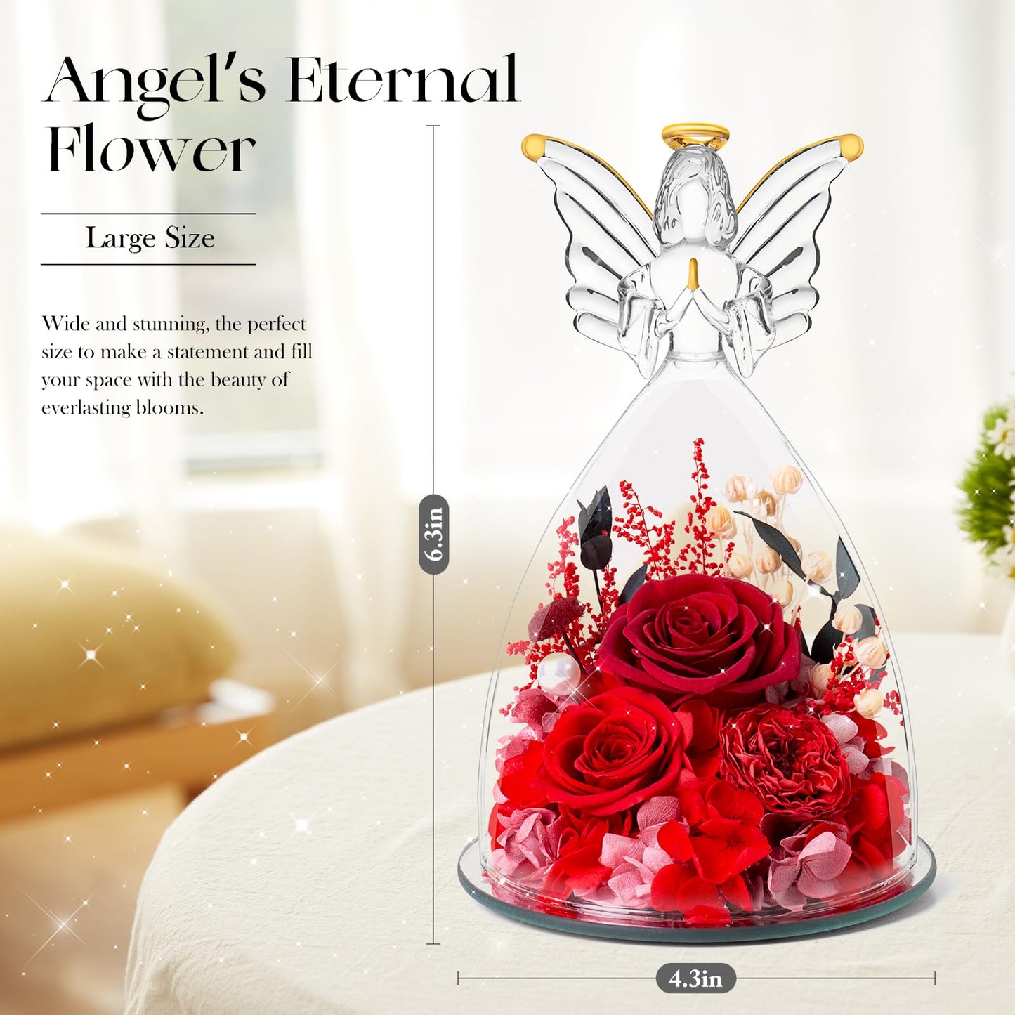 Mothers Day Roses Gifts for Mom Forever Preserved Real Roses Flowers in Glass Angel Figurines Fresh Flowers for Delivery for Grandma Women Mom Wife from Daughter/Red