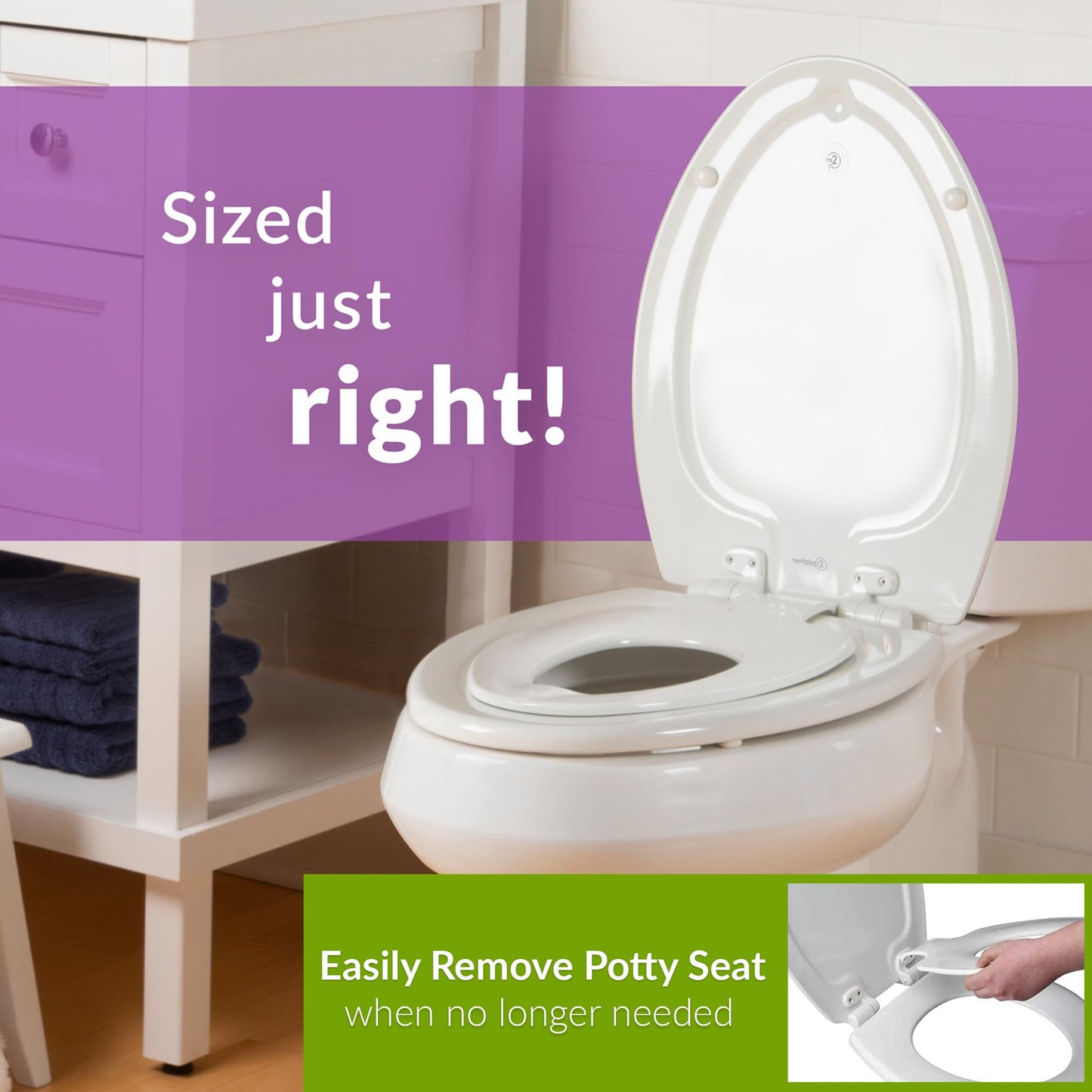Mayfair NextStep2 Toilet Seat with Built-In Potty Training Seat, Slow-Close, Removable that will Never Loosen, Round, White