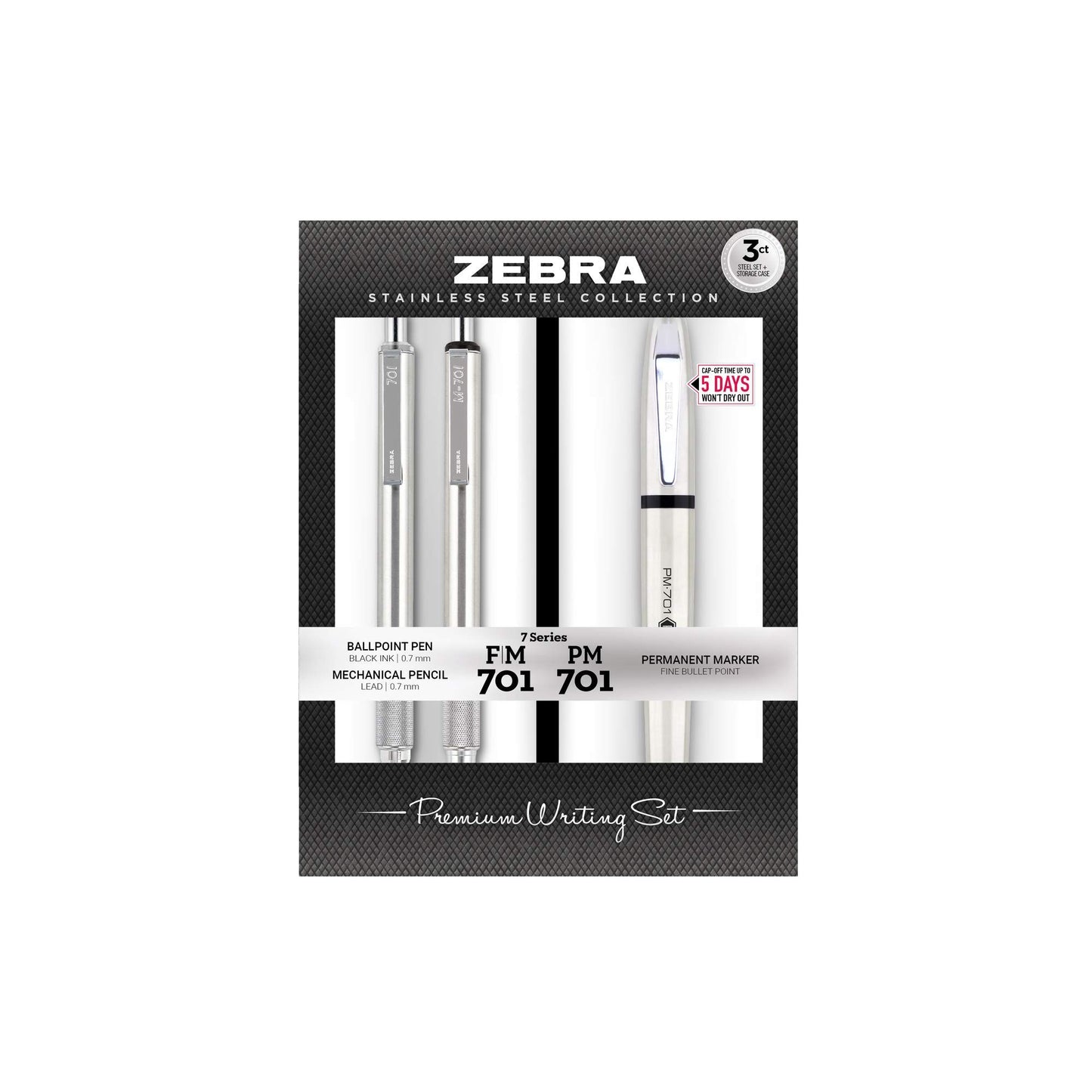 Zebra Pen Premium Steel Writing Set, PM-701 Permanent Marker, F-701 Ballpoint Pen, M-701 Mechanical Pencil, Ideal for Tactical Use, Great for Gift Giving, 3-Pack (11213)