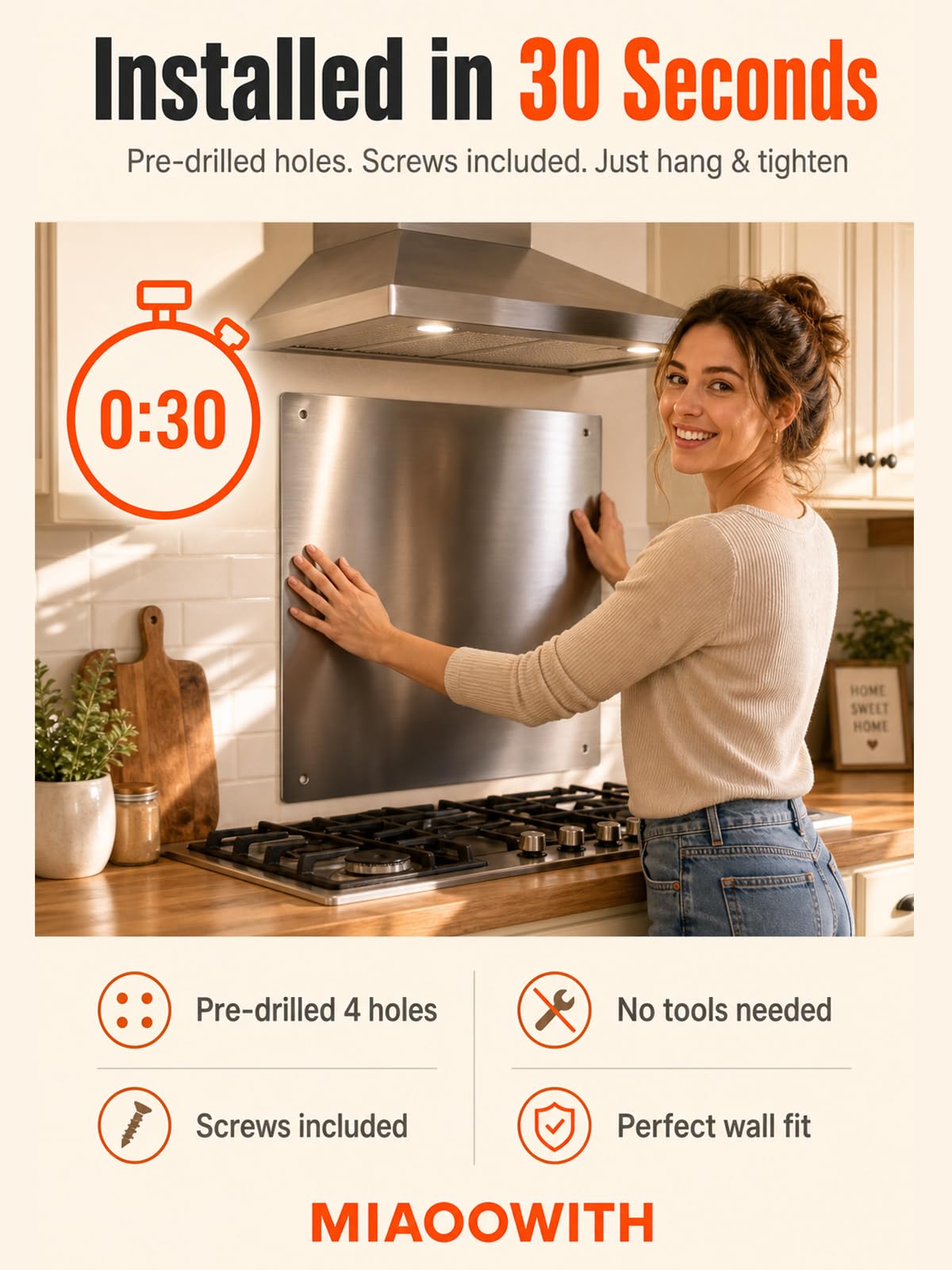 MIAOOWITH Stainless Steel Backsplash for Stove,36 x 24 Inch 304 Steel Splatter Guard for Kitchen Wall,Film-Free Out of Box,Heat Resistant Range Hood Backsplash Panel with Pre-Drilled Holes