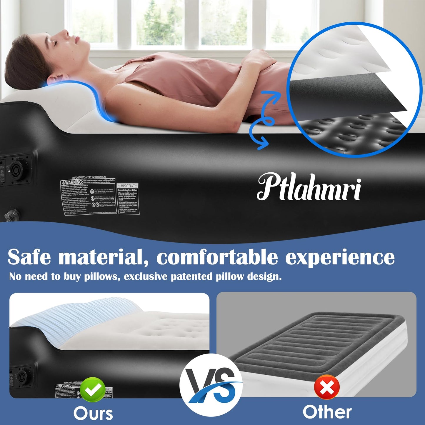 Ptlahmri Queen Air Mattress Full with Built-in Pump,16'' Blow up Mattress with Soft Flocked Top Luxury Inflatable Mattress 3 Minute Fast Inflation/Automatic deflation for Camping＆Home and Guest