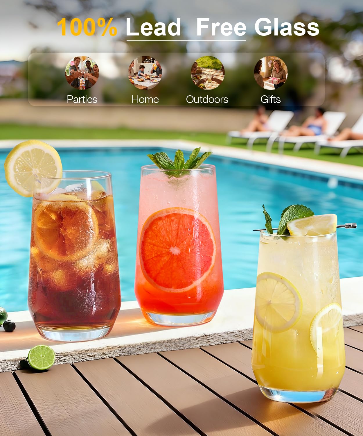 Drinking Glasses Set, Tall Water Highball Glasses, Unique Design Lead-Free Crystal Glassware, Glass Cups for Mojito and Mixed Drink Cocktail Glass Set of 8 16.2oz