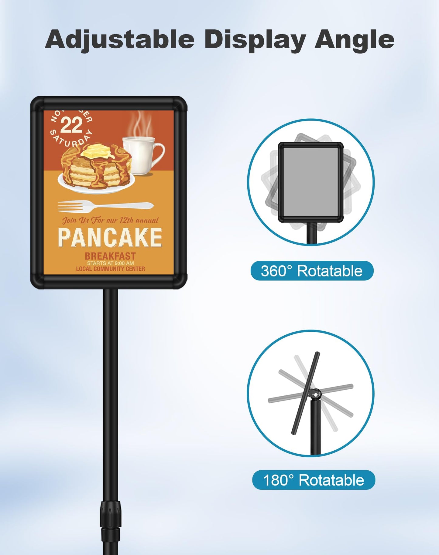 VRAZY 2 Pack Sign Holder Stand 8.5x11 inch for Display, Height Adjustable Floor Standing Signage Stand with 360° Rotated Snap Open Frame for Malls, Schools, Advertising, Outdoor Poster Stand