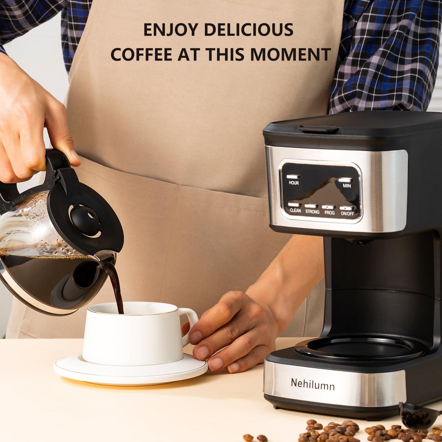 Nehilumn 5-Cup Programmable Coffee Maker - Reusable Filter, Clear Water Level Indicator, Auto Shut- Off, Black &Stainless Steel Coffee Pot
