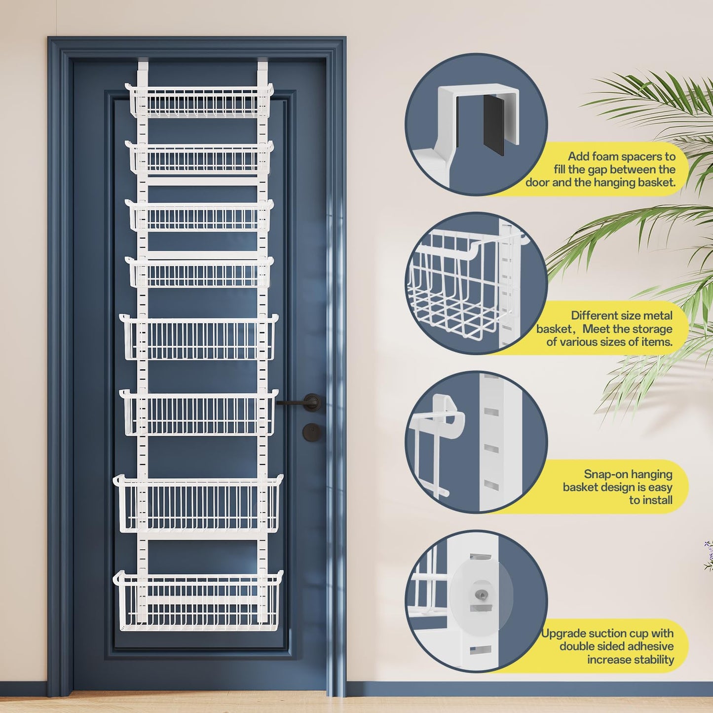 Over The Door Pantry Organizer, 8-Tier Over The Door Organizer with Adjustable Baskets, Metal Hanging Spice Rack for Pantry Organizers and Storage, Suitable for Kitchen Laundry Room & Bathroom, White