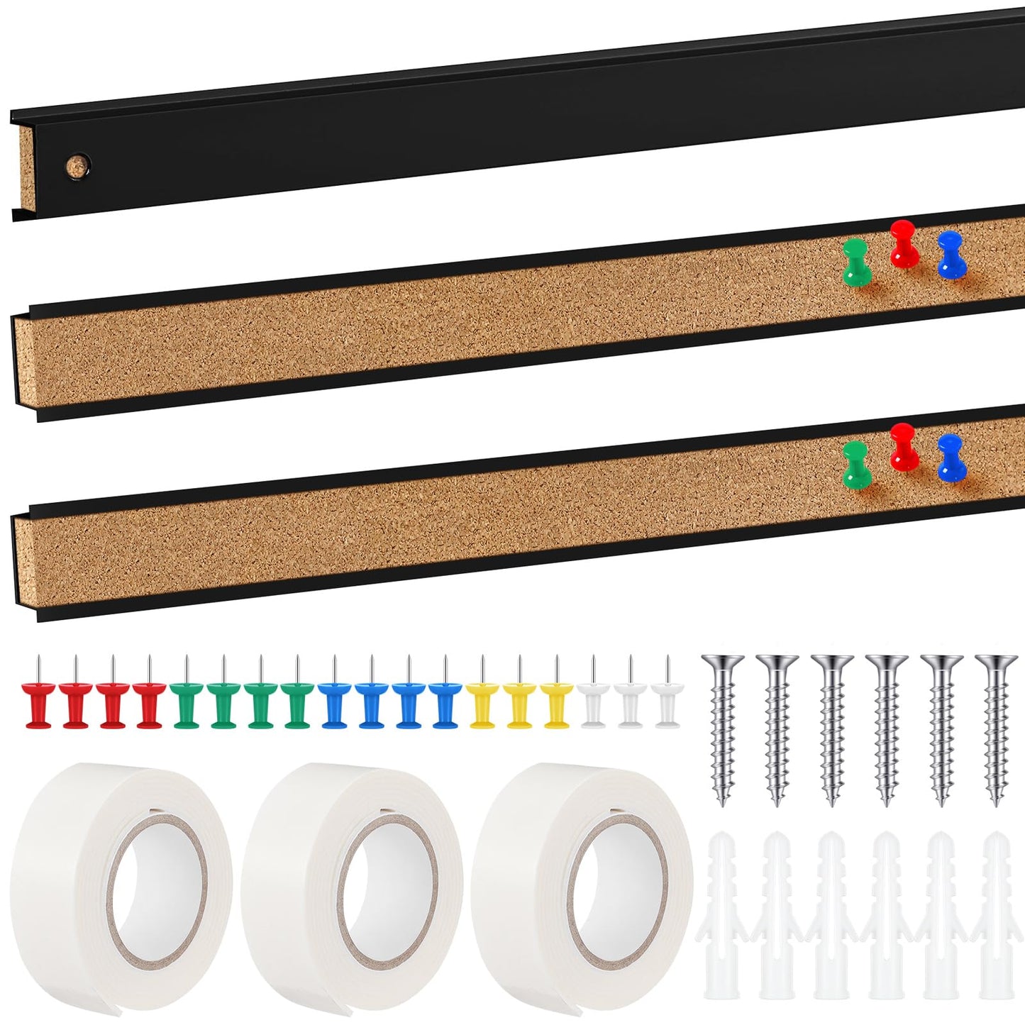 Threehoney 3 Pcs 36'' x 1" Cork Board Strips for Wall, Bulletin Bar, Tack Board With Aluminum Trim - Brown Cork Strips for Classroom, Office Walls, Cubicle