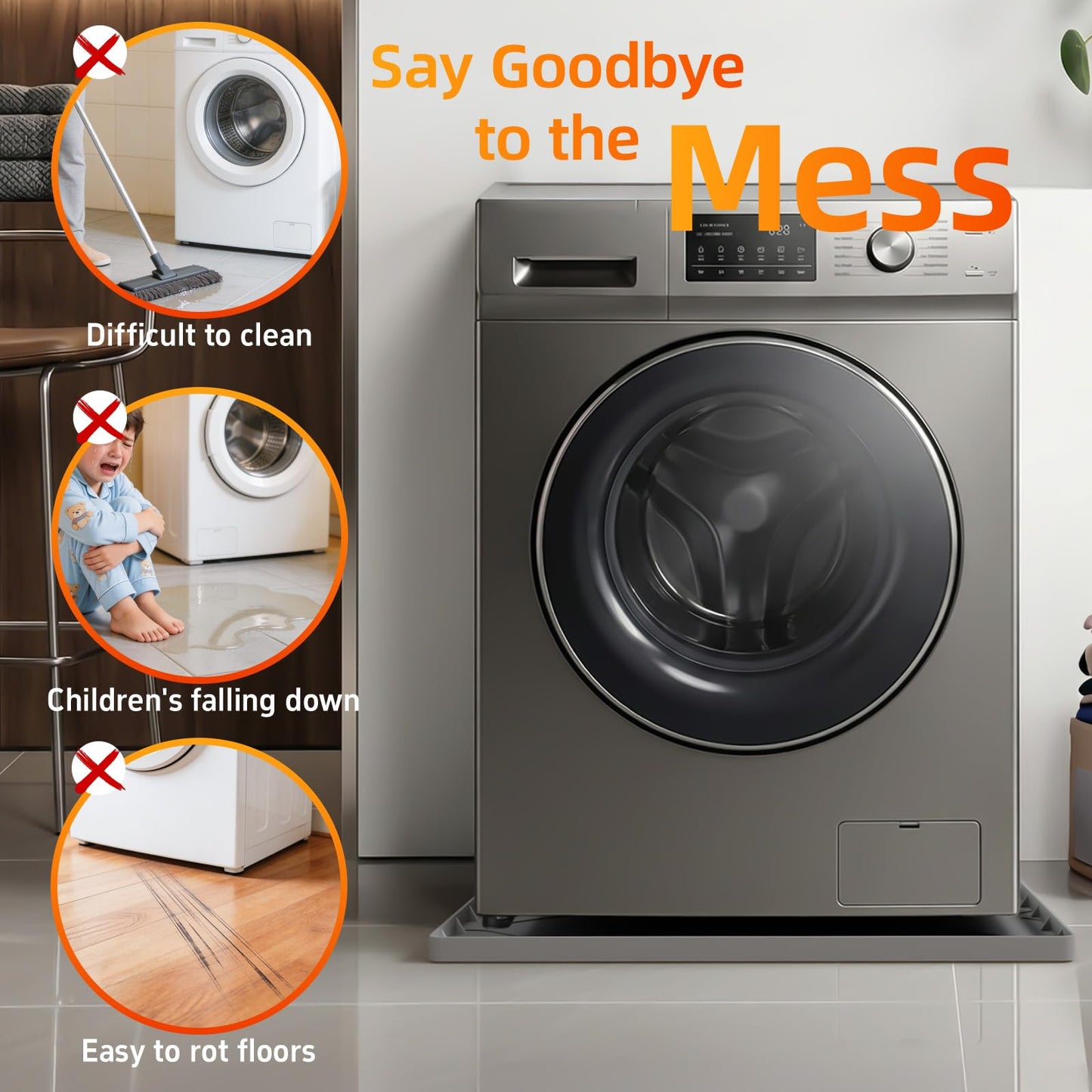 Washing Machine Drain Pan Silicone Mat, 32 x 30 Inch Washer Drip Tray, Non-Slip Waterproof Washer Tray for Floor Protection, Anti-Vibration Mat for Washer or Dryer