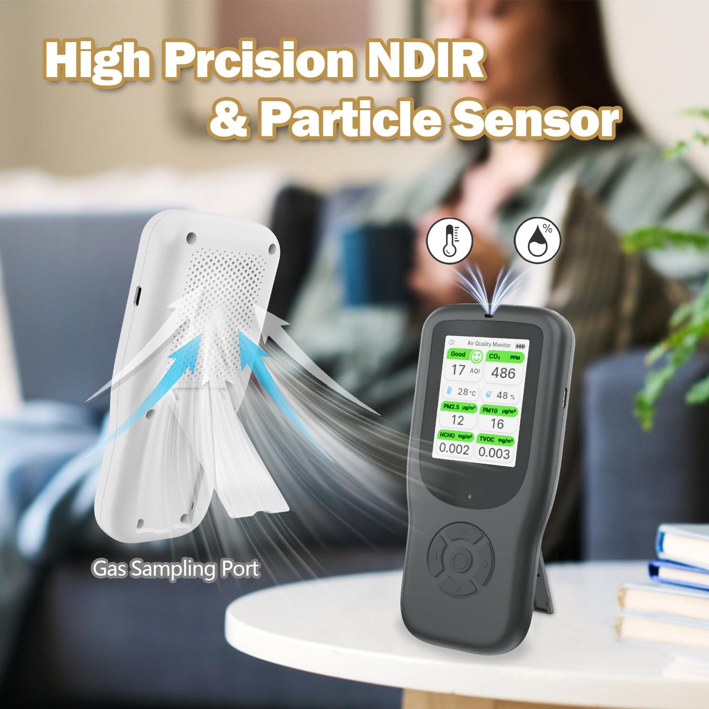 11-in-1 Air Quality Monitor - Portable Indoor Air Quality Detector with Stand, Real-Time Test for AQI, CO2, PM2.5, PM1.0, PM10, TVOC, HCHO, Particles, Temperature & Humidity with Aler (Black-White)