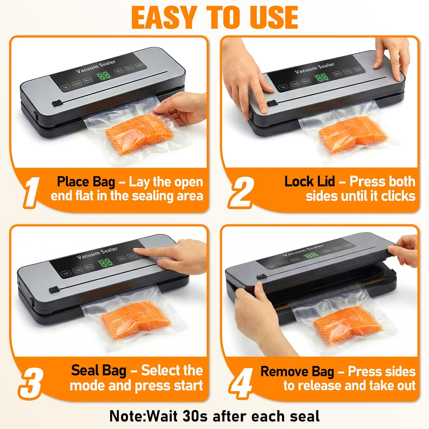 Vacuum Sealer Machine for Food with Built-in Cutter, 6-in-1 One-Touch Automatic Food Vacuum Sealer, Dry & Wet Modes, Digital Timer, Compact Food Saver Vacuum Sealer with 30 Bags Grey