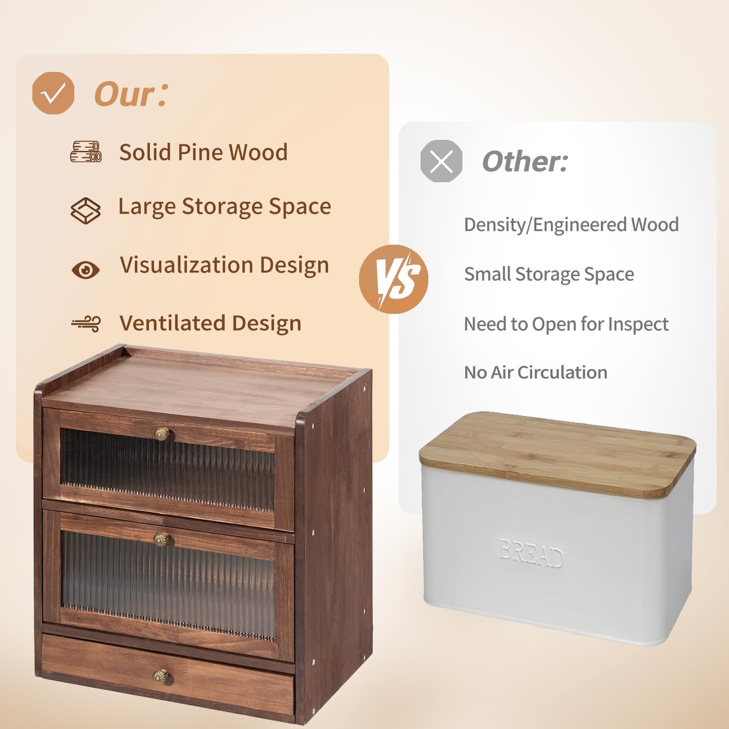 CheerNest Solid Wood Bread Box for Kitchen Countertop with Drawer, 2-Tier Large Wooden Bread Storage Bin with Cutlery Organizer, Farmhouse Bread Keeper for Homemade Bread, Brown (50 Deli Papers)