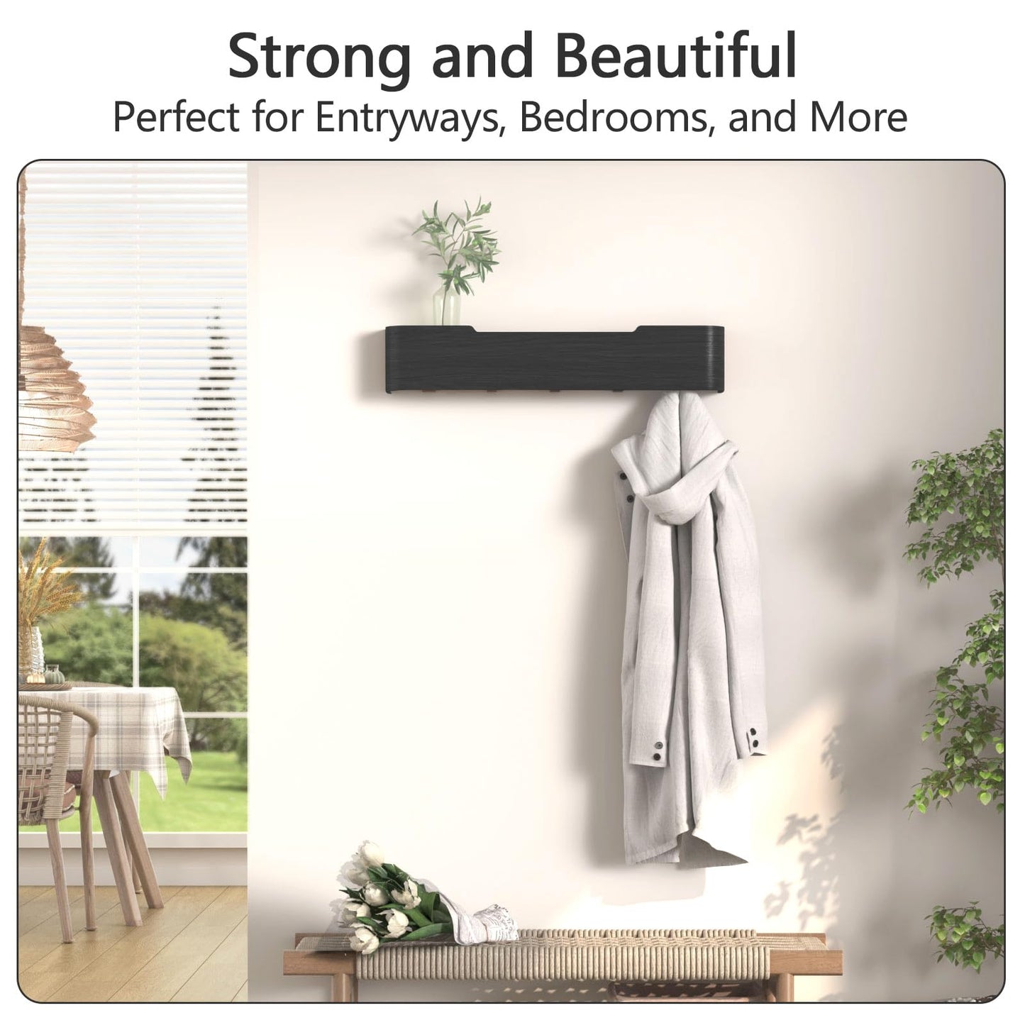 Jadoxy Coat Rack Wall Mount with Shelf 5 Hidden Hooks Modern Wooden Key Holder Entryway Organizer for Hallway Bedroom Bathroom Home Decor Storage for Hanging Coats Hats Bags Towels, Black