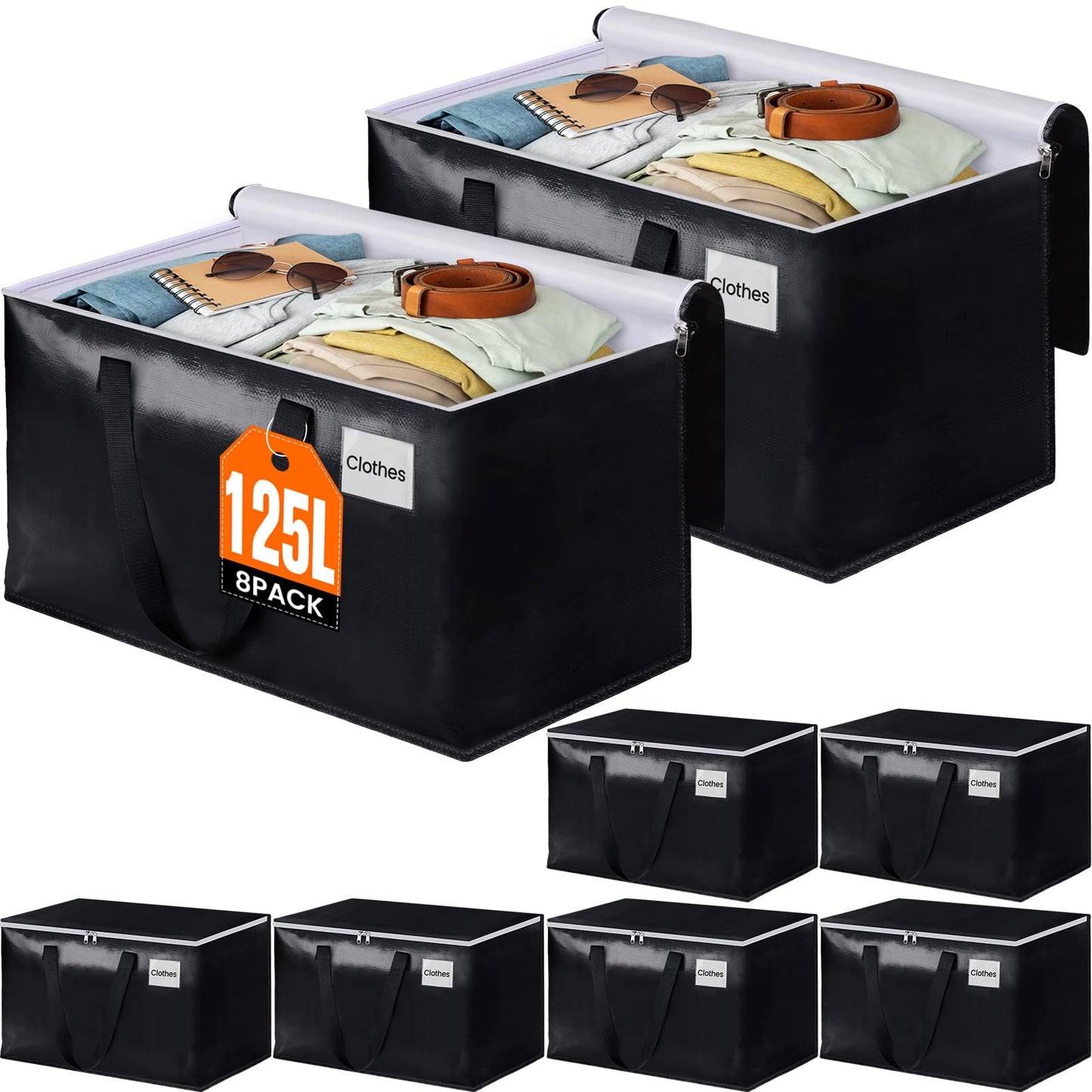 BlissTotes Moving Bags, Heavy Duty Moving Boxes with Zippers Top and Sturdy Handles, Storage Bags for Space Saving and Packing, Collapsible Moving Supplies, Storage Totes (125L, 8-Pack, Black)