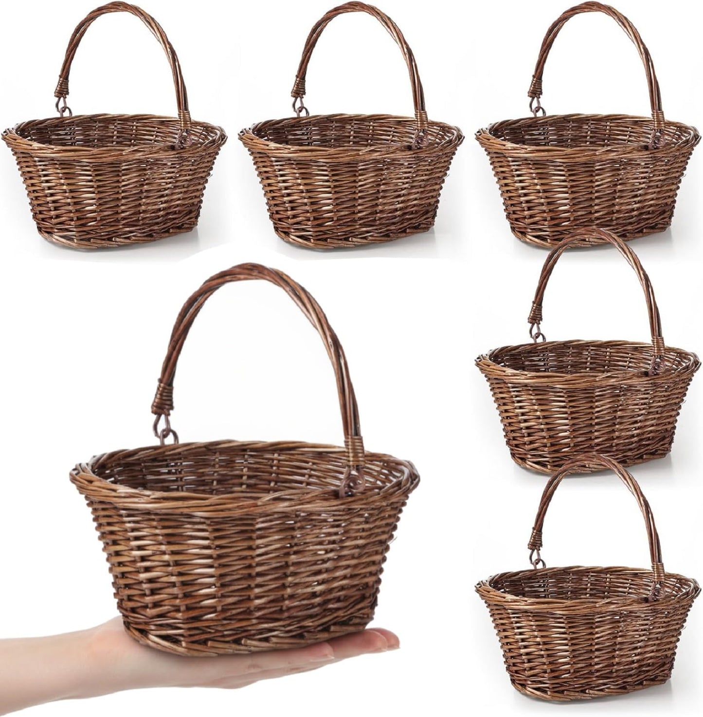 Barydat Small Wicker Basket with Handle Flower Girl Baskets Oval Willow Woven Braided Gift Basket for Weddings Picnic Baby Shower Home Garden Decor(6 Pcs,Brown,9" x 7" x 4")