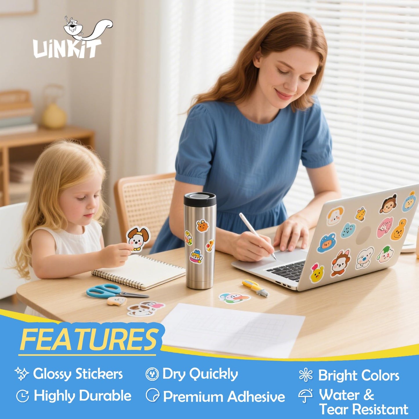 Uinkit 200 Sheets Premium Glossy Printable Vinyl Sticker Paper for Inkjet & Laser Printers - Waterproof, Quickly-Dries for Pet Photos & Kids Crafts, Tear-Resistant Decals (Letter Size 8.5"x11")