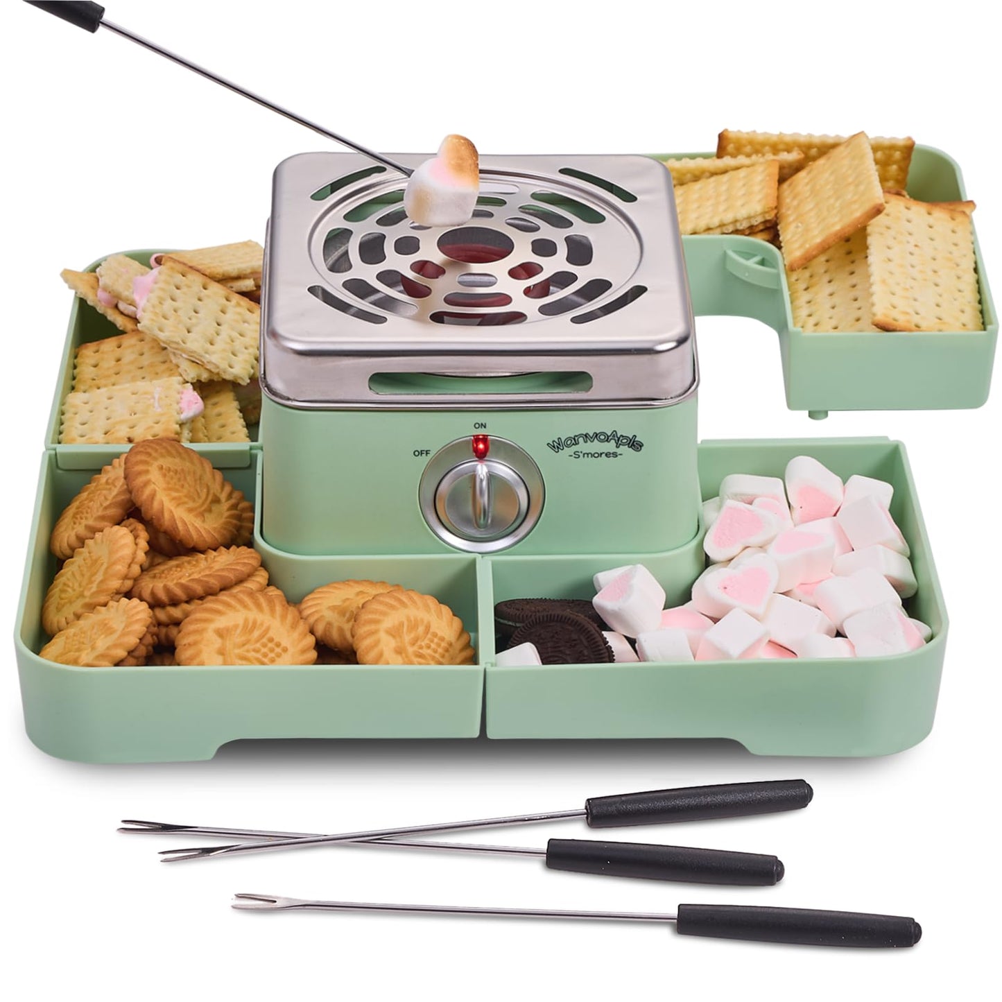 Electric Smores Maker - Indoor Smores Kit with 4 Detachable Trays, 4 Stainless Steel Forks - Flameless Smores Maker Tabletop Indoor Kit (Green)