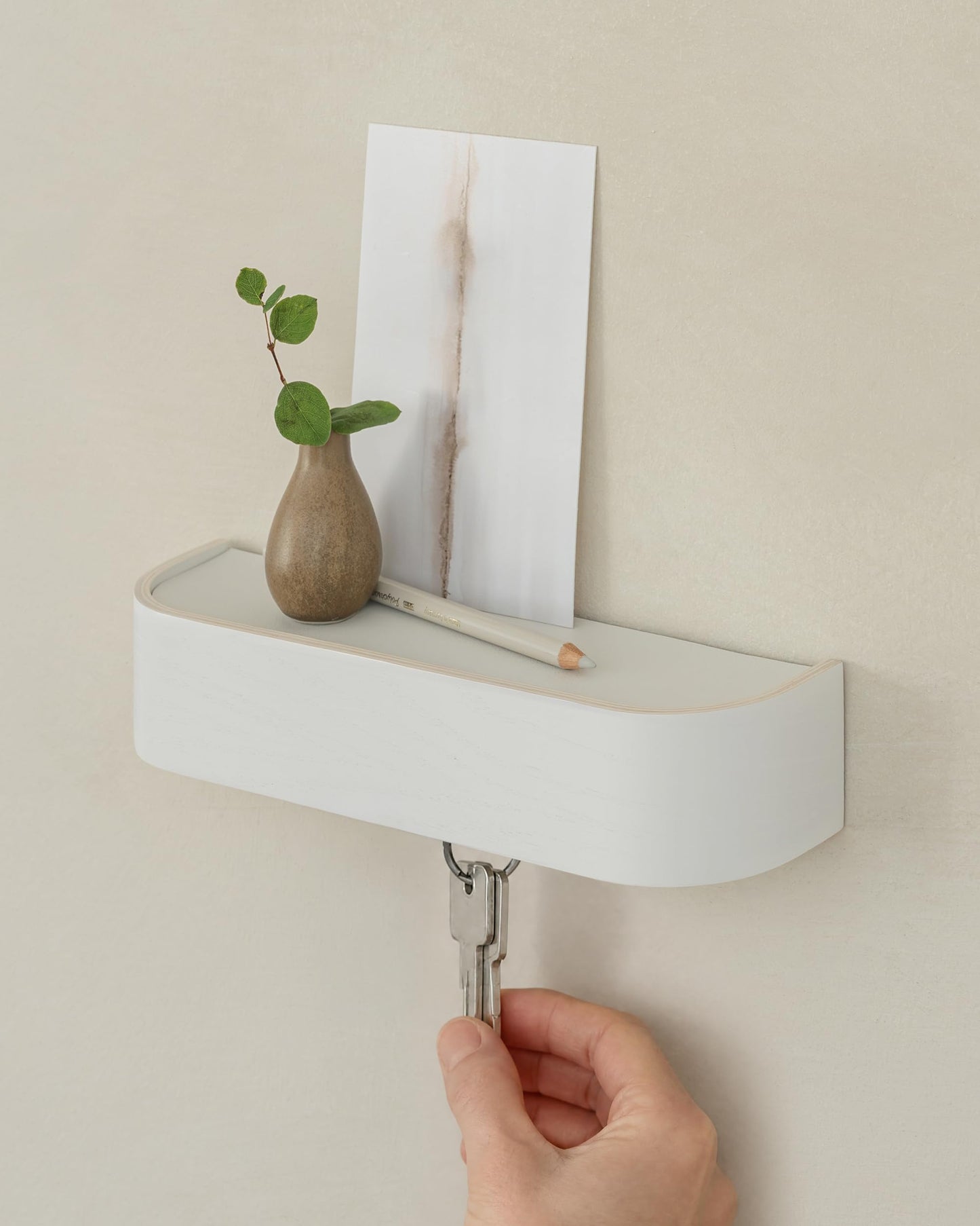 Kazai. Key Holder 'Toke' | Minimalist Key Hook Design from Berlin | Modern Key Holder Wall Mount with Wooden Shelf | Key Rack for Wall as Entryway Organizer | White