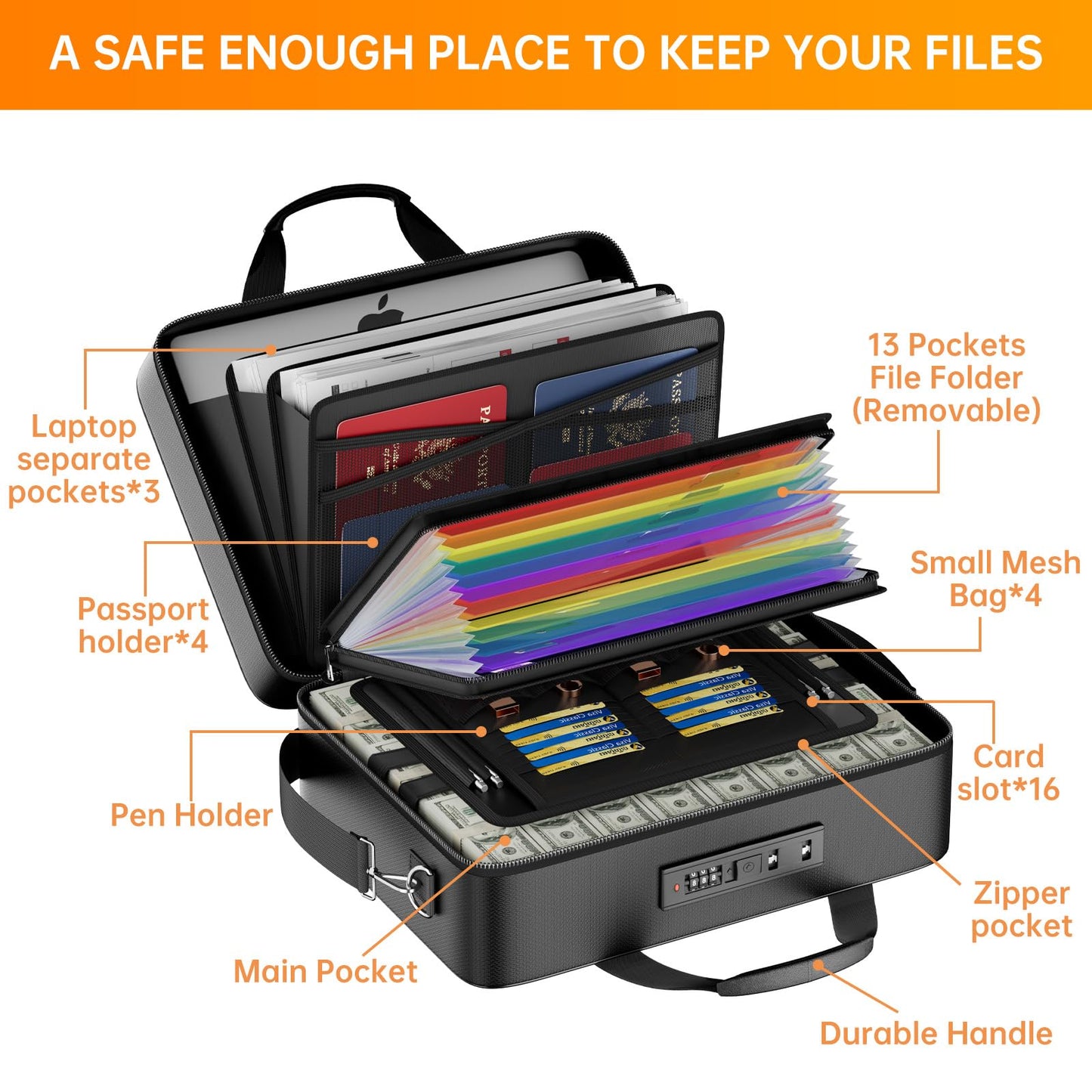 ENGPOW Fireproof Document Box with Lock, Fireproof Water Resistant Hard Case File Organizer Safe Box with Multi Pockets, Protects Important Documents Certificates Laptop Passports (Black)