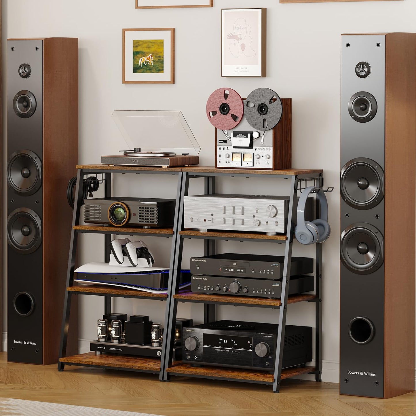 4-Tier AV Media Stand with 2 Hooks,Heavy Duty Stereo Cabinet Furniture-Large Stereo Rack and Game Console Stand,Wooden Record Player Stand,Audio Stand Perfect for DVD Players/Game Console/TV Box/Xbox