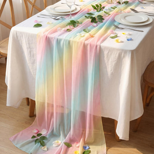 VitalCozy 10 Pcs Pastel Rainbow Tulle Table Runners 30 x 120 Inch Sheer Tulle Colorful Table Runner for Wedding Shower Decorations Garden Bridal Shower Party Decorations