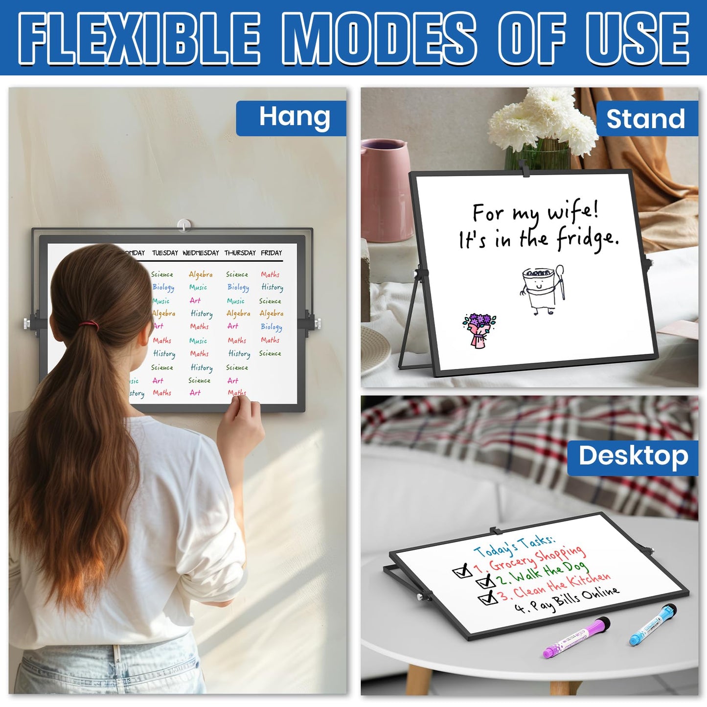 Grtard Magnetic Dry Erase Board with Stand, 18''x14'' Double-Sided White Board, Desktop Whiteboard with Stand, Large White Board, Desk Whiteboard Portable, Dry Erase Board for Kids, Memo(Black)