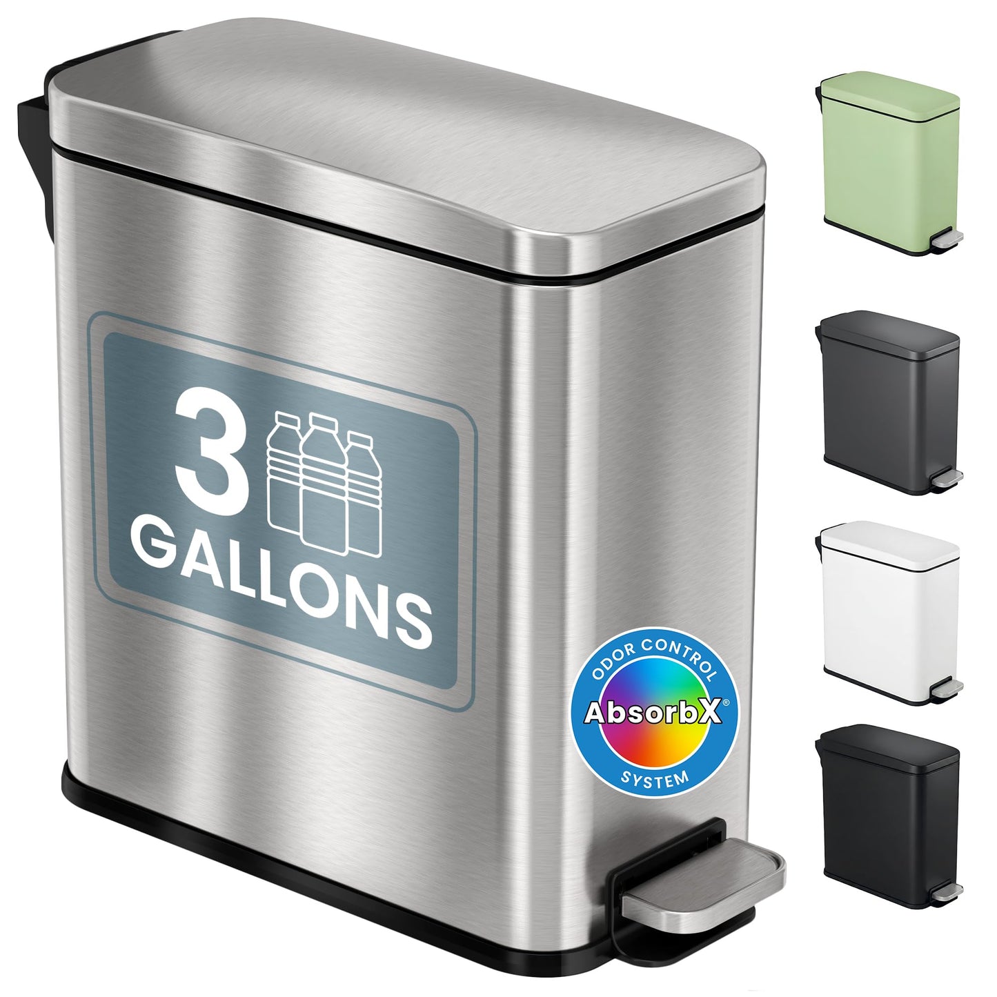 iTouchless 3 Gallon Small Wastebasket for Bathroom with Lid, Deodorizer, Soft-Step Stainless Steel Slim Garbage Bin, 12 L Silver Small Trash Can, Step Pedal, Fingerprint-Proof for Powder Room & RV