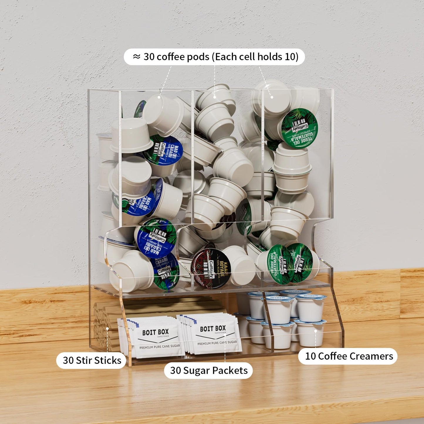AITEE Clear Acrylic Coffee Pod Holder Dispenser for K Cups, 30-Capacity 3-Compartment Visible Rack, Space-Saving Countertop Organizer for Kitchen, Office, Pantry, 8.9" L x 4.6" W x 10.2" H