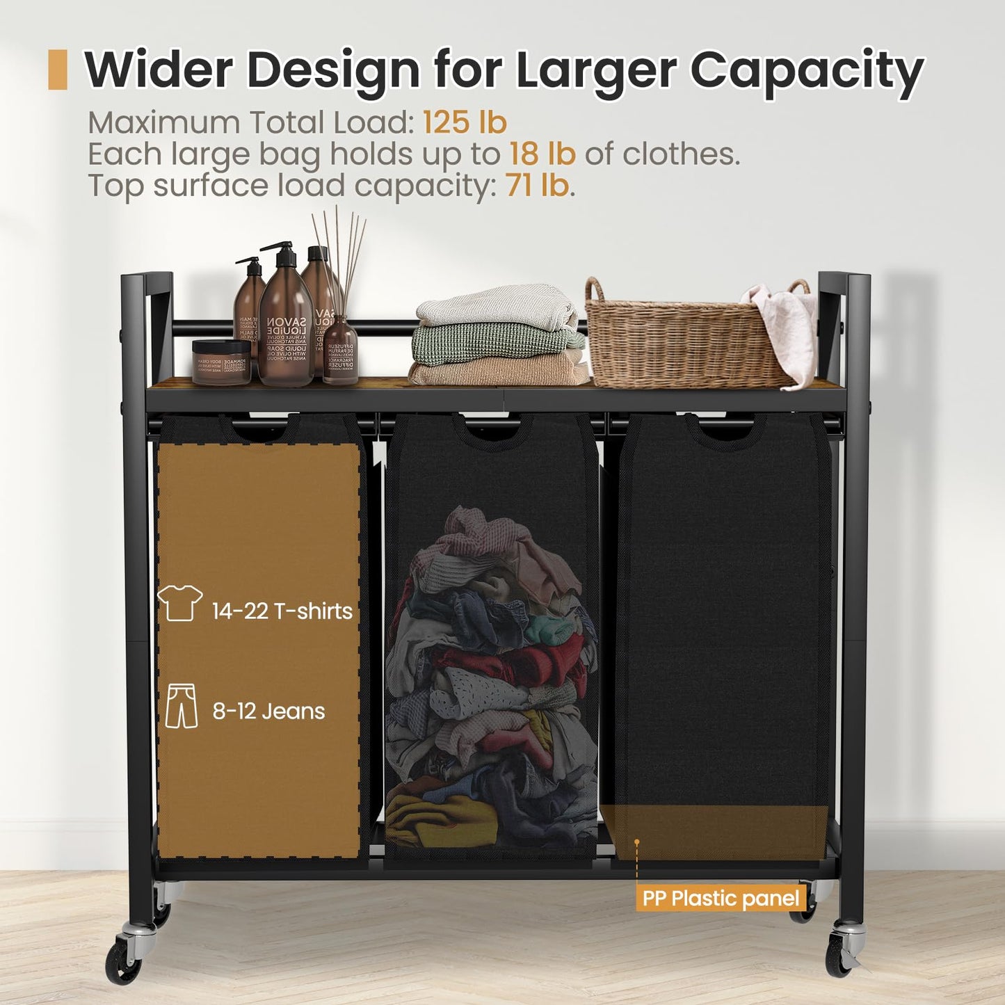 SwaaVee Laundry Sorter, Laundry Hamper 3 Section, 3×11.4Gal, Metal Frame Rolling Laundry Basket with Wooden Top Shelf, Pull out and Removable Laundry Bags, 3 Bags-Black