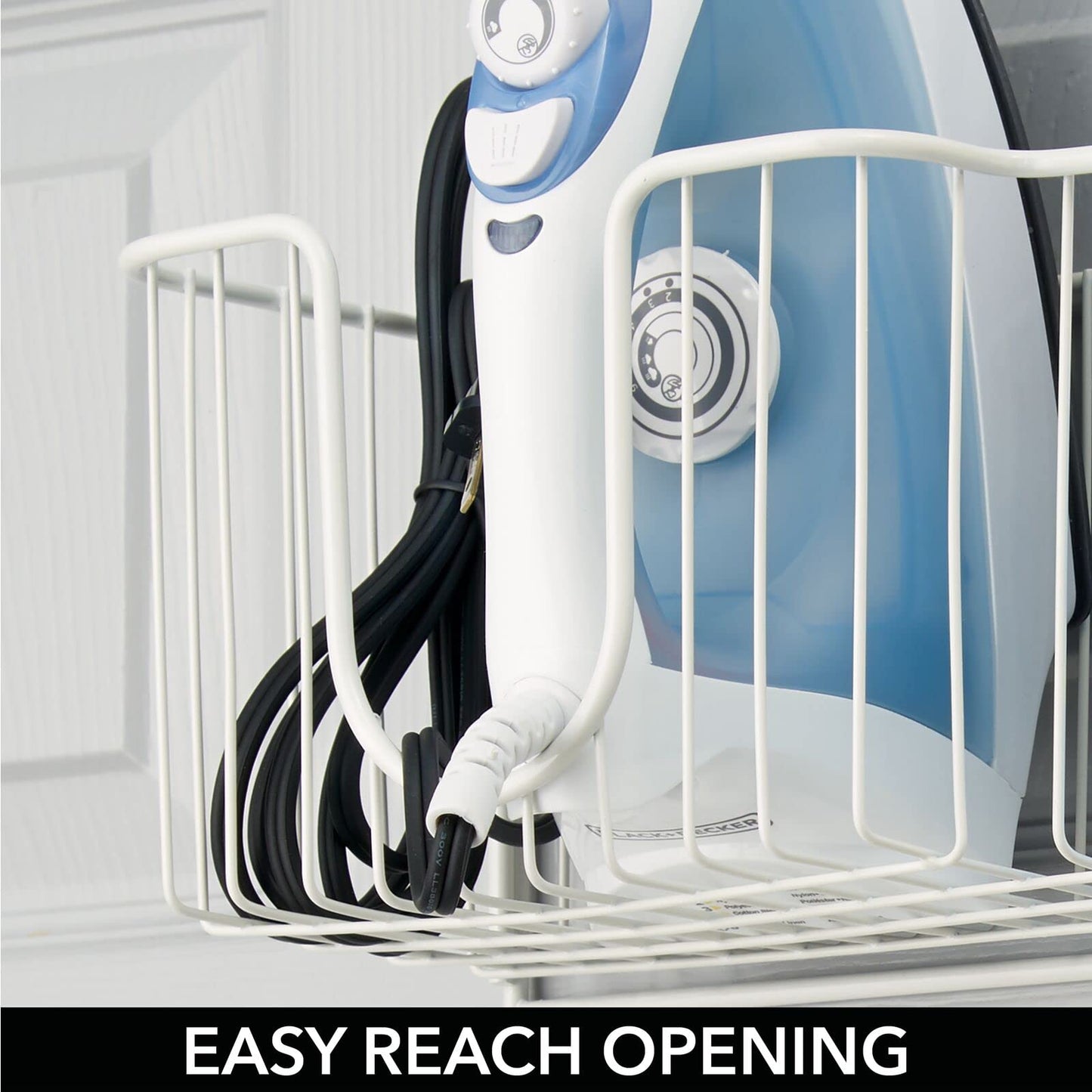 mDesign Wall Mounted Ironing Board Holder - Steel Ironing Board Rack for Easy Organisation - includes Basket for Iron Storage - White