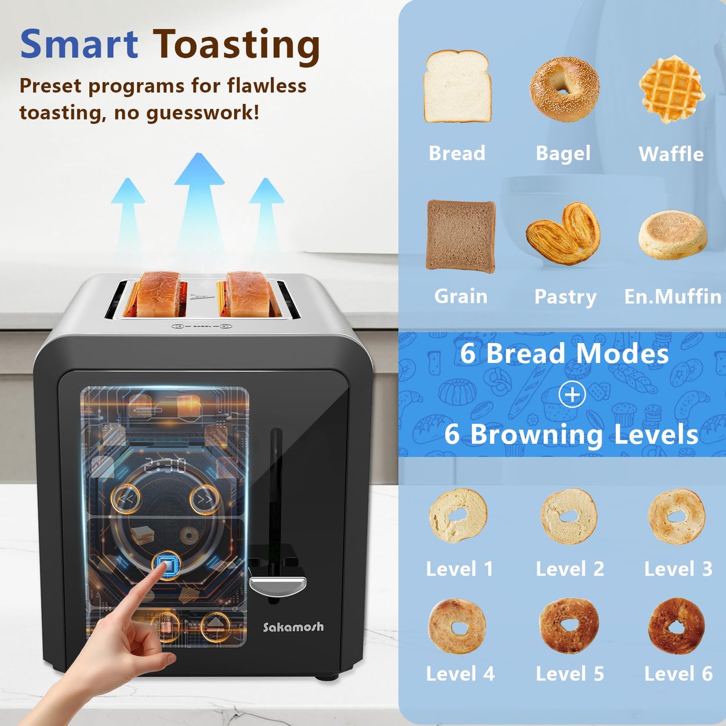 SAKAMOSH Smart Toaster 2 Slice, Touch Screen, Digital Toasters with 6 Browning Levels & 6 Bread Types, Bagel, Extra Long Wide Slots, Memory Function, Timer, 800W, Stainless Steel
