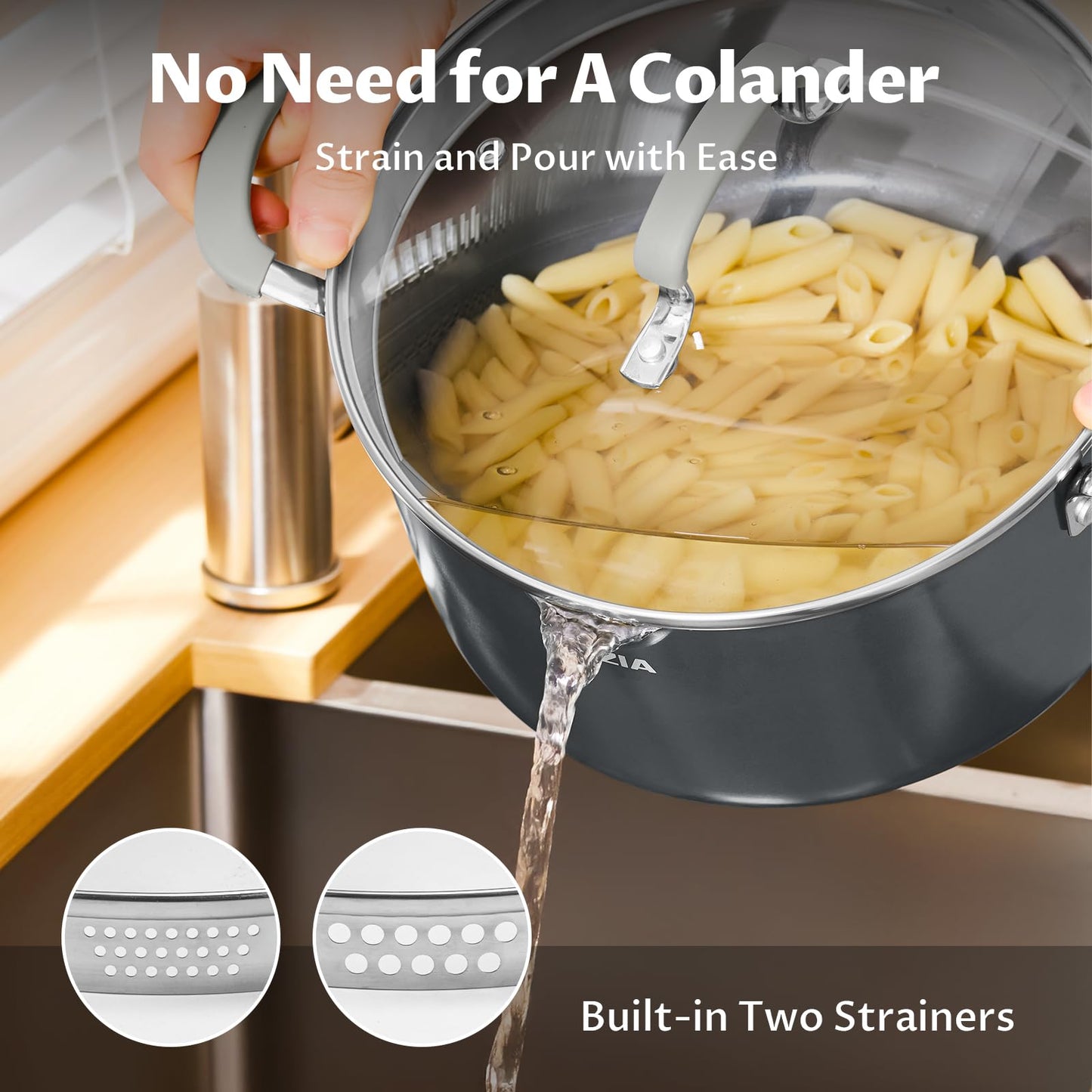 6 Quart Nonstick Stock Pot with Lid, BEZIA PFAS-Free Ceramic Soup Pot, Multipurpose Pasta Pot with Strainer Lid, Induction Cooking Pot, Silicone Handle, Compatible with All Cooktops, Dishwasher Safe