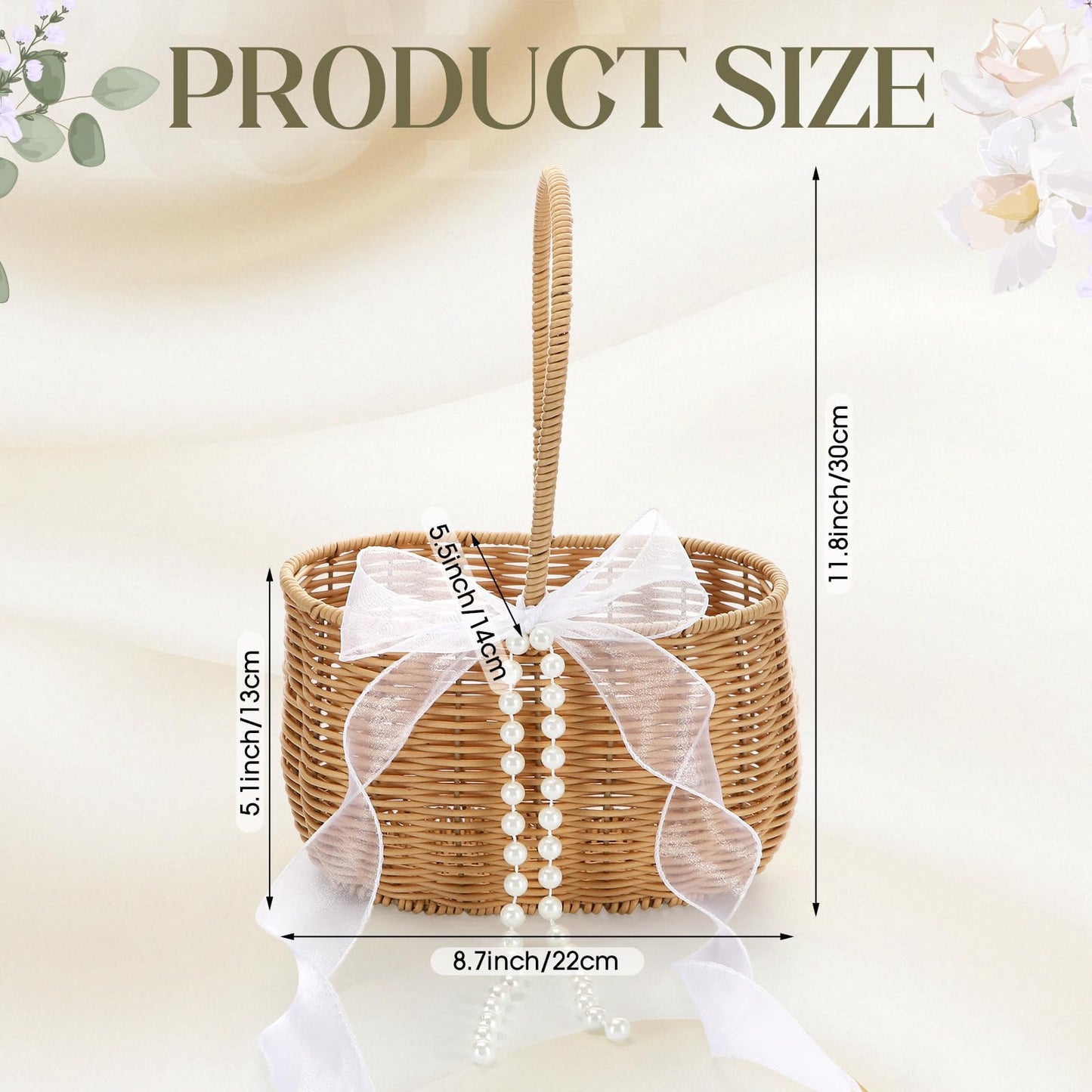 SiliFine 2 Pcs Wicker Rattan Flower Girl Basket with Bows and Pearl 11.8x8.7x5.1 Inches Rustic Wedding Basket for Flower Girl, Hand Woven Willow Storage for Ceremonies Home Decoration (Classic)