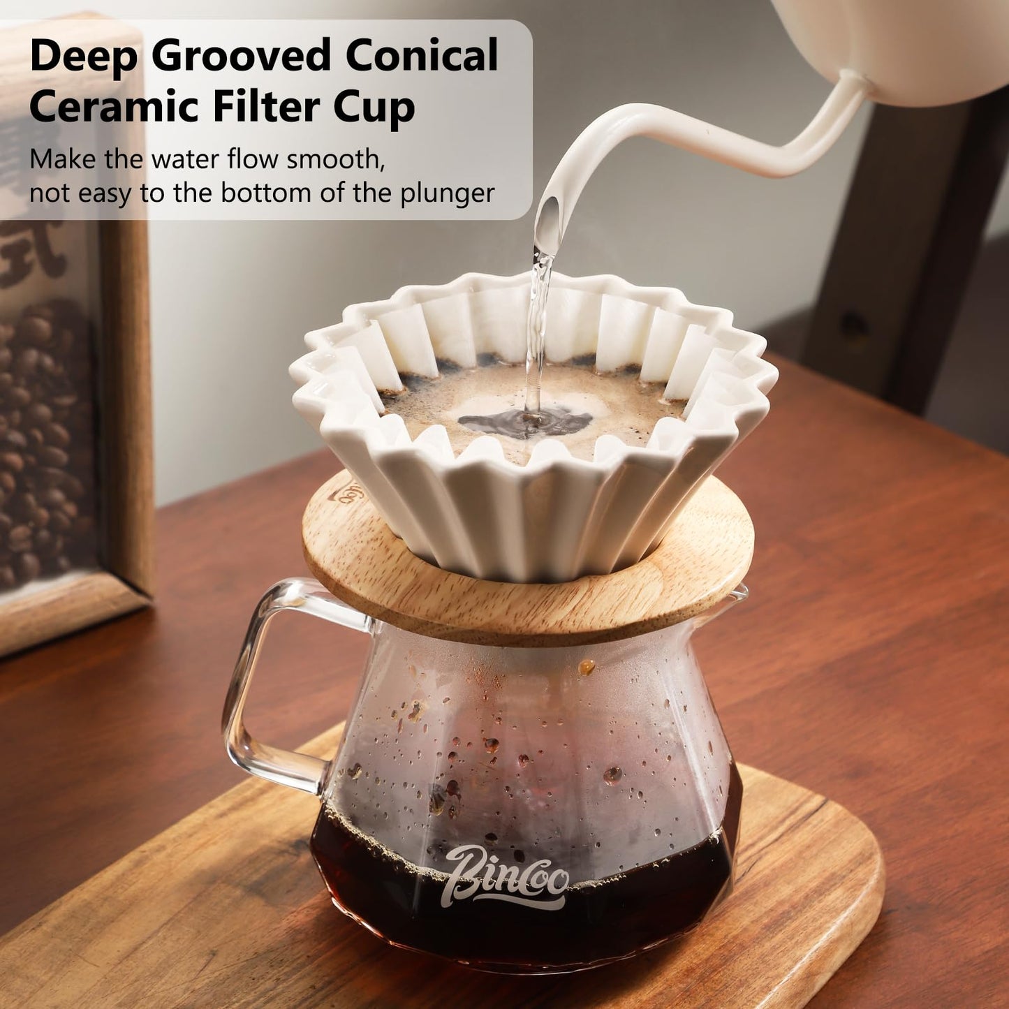 Bincoo 400ML Pour Over Coffee Maker Set with Filter Paper,Ceramic Pour Over Coffee Dripper 1-2 Cups-Professional Coffee Brewing Pot for Home Office(White)