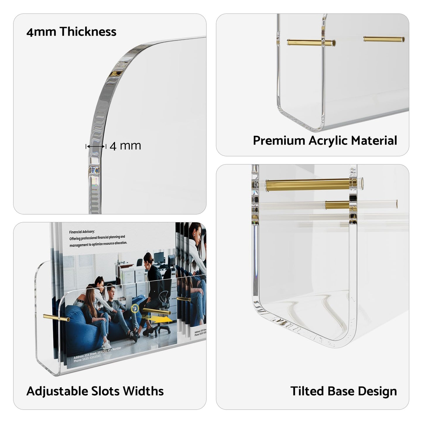 HIIMIEI Brochure Holder Wall Mount, 2-Pack Acrylic Modular Flyer, Pamphlet Display Stand with Magnetic Brass Bolts, Dual Installation Options, Designed for Schools, Studios, Community Spaces (4 Grid)