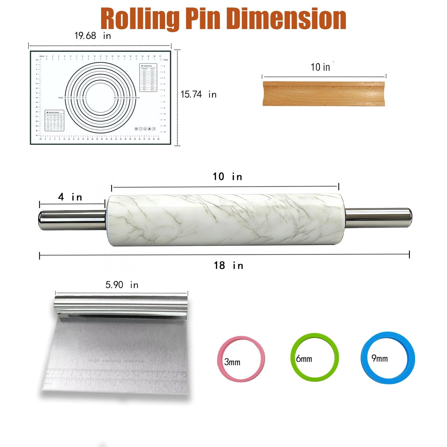 White Marble Rolling Pin with Stainless Steel Handles Baking Set - Silicone Baking Mat, Stainless Steel Dough Cutter, 3 Multicolor Thickness Guides & Wooden Base, Ideal for Pastry, Dough & Pizza
