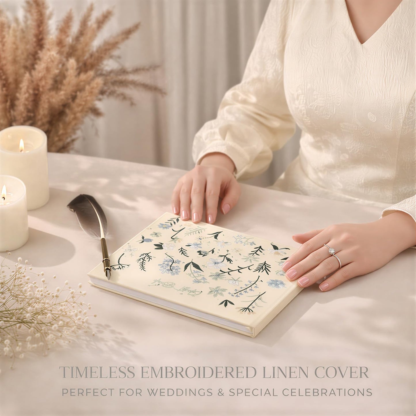 Wedding Guest Book–Elegant Embroidered Guest Book for Wedding Reception, Baby Shower–Wedding Guest Book Alternative with Photo Corners,120 Blank&Lined Pages, Polaroid Guest Book Keepsake