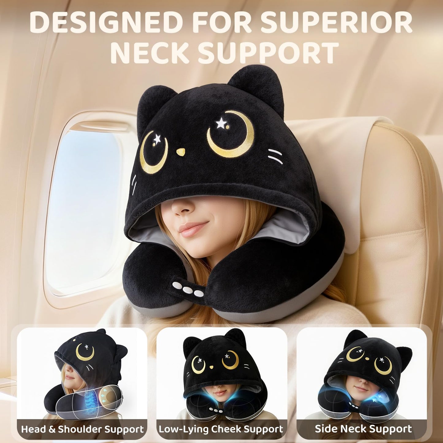 Mewaii Travel Neck Pillow with Hood for Airplanes,Memory Foam,Breathable Ice Silk & Soft Velvet,Double-Sided,Removable to Clean,Adjustable Strap,Portable Travel Pillow for Long Flights Adults & Teens