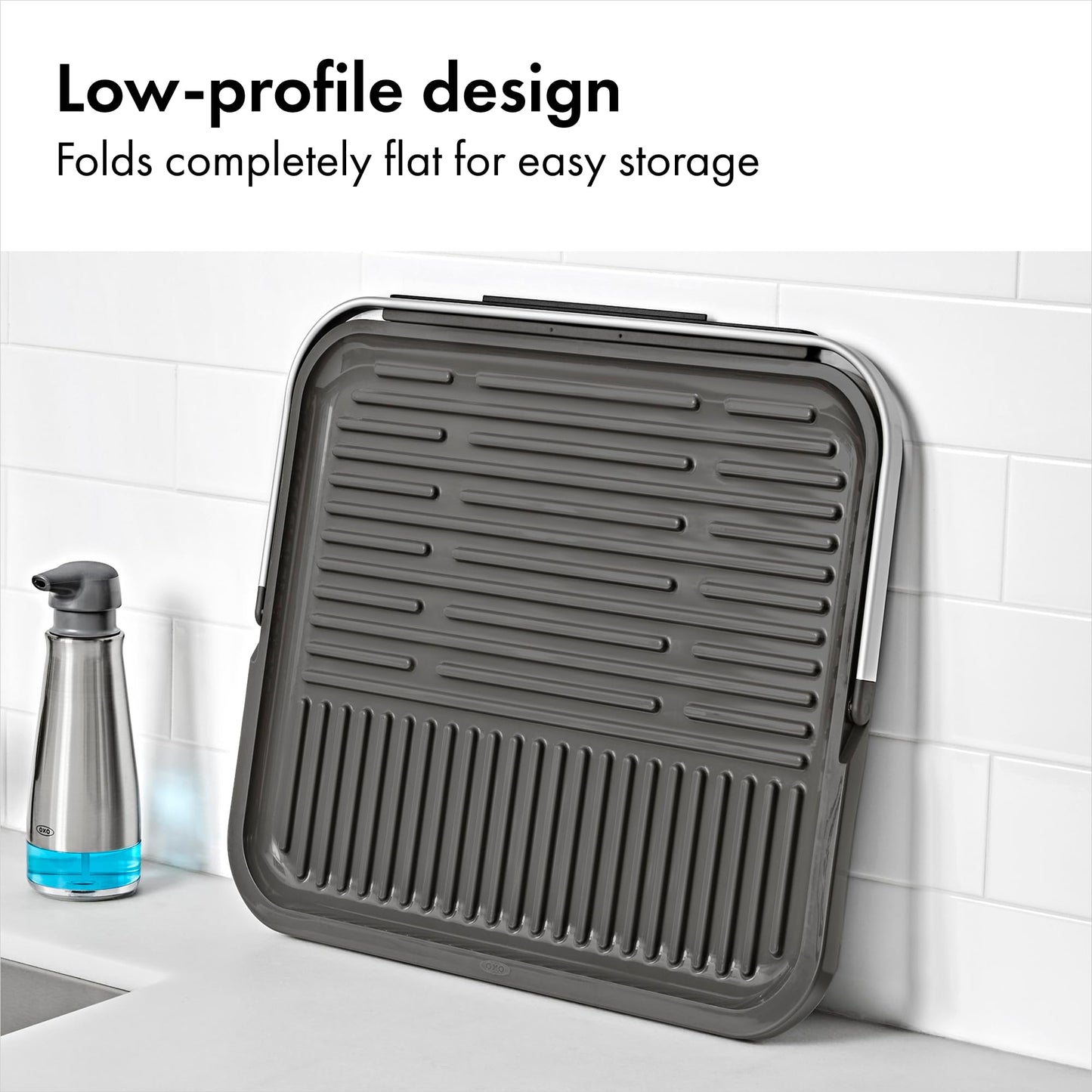 OXO Good Grips Compact Drying Rack with Dish Rest, Aluminum Folding Dish Drying Rack for Glassware and Cookware, Drain Board with Non-Slip Feet for Countertop or Kitchen Sink