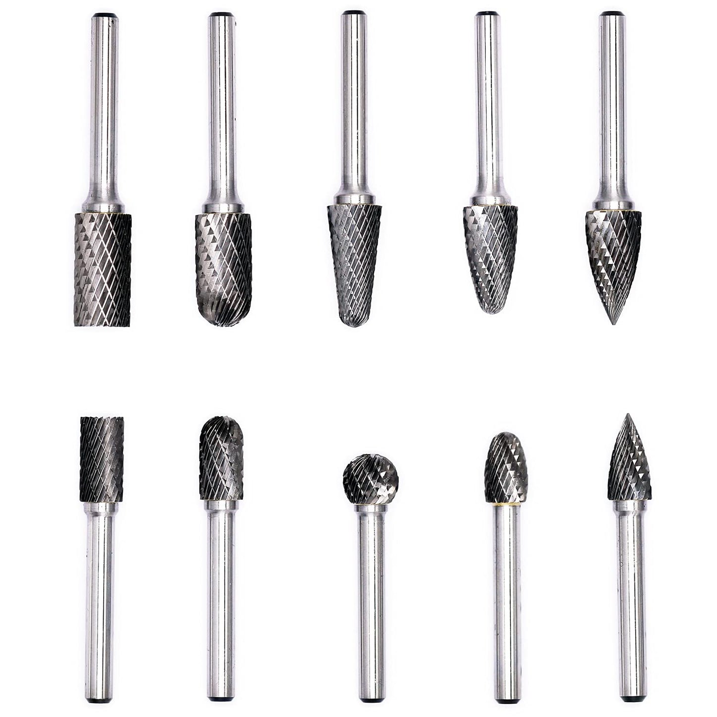 10pcs Carbide Burrs Set with 1/4'' Shank Double Cut Solid Power Tools Tungsten Carbide Rotary Files Bits for Die Grinder Metal Wood Carving Engraving Polishing Drilling Grinding Milling Cutting